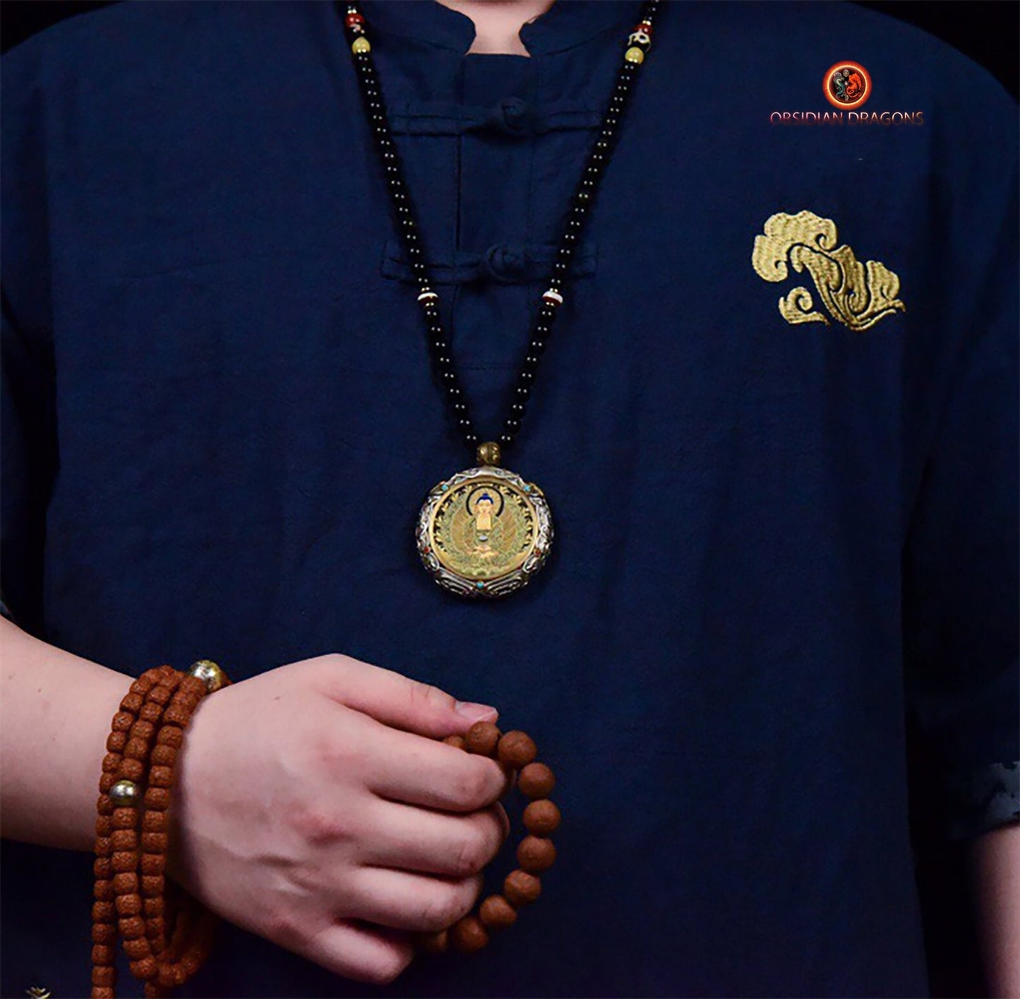 Ghau- Pendentif Tangka exceptionnel- Bouddha Chenrezi | obsidian dragons