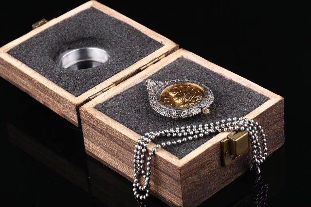 reliquaire de protection bouddhiste Mahasthamaprapta en argent massif 925 plaqué or 18k turquoise. roue de la vie - obsidian dragon