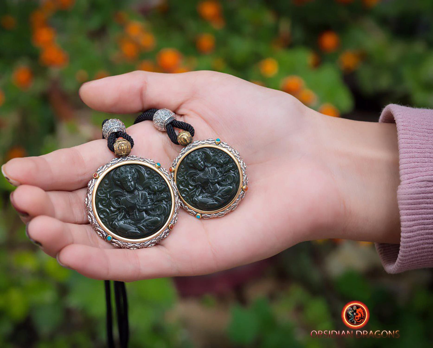 Pendentif Bouddha jade et argent- Tara verte | obsidian dragons