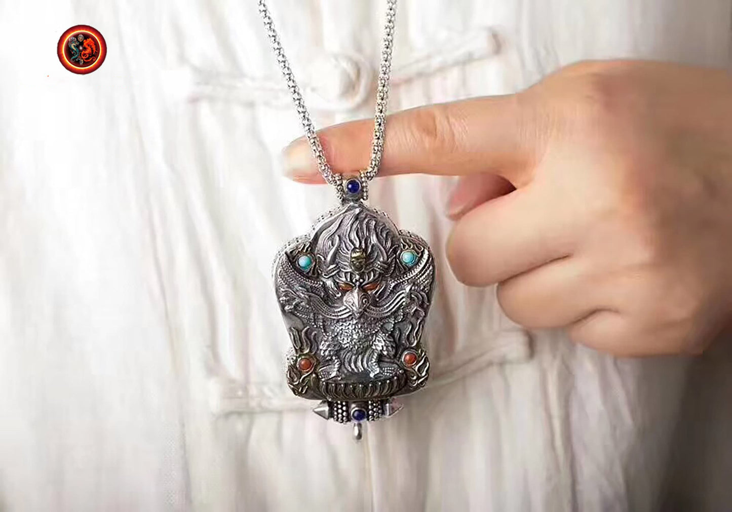 gau, reliquaire, pendentif de protection bouddhiste, Garuda, argent 925, turquoise, agate nan hong. - obsidian dragon
