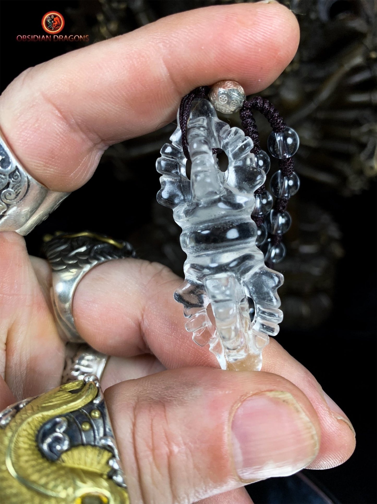 Pendentif Dorjé en cristal de roche- Clarté | obsidian dragons