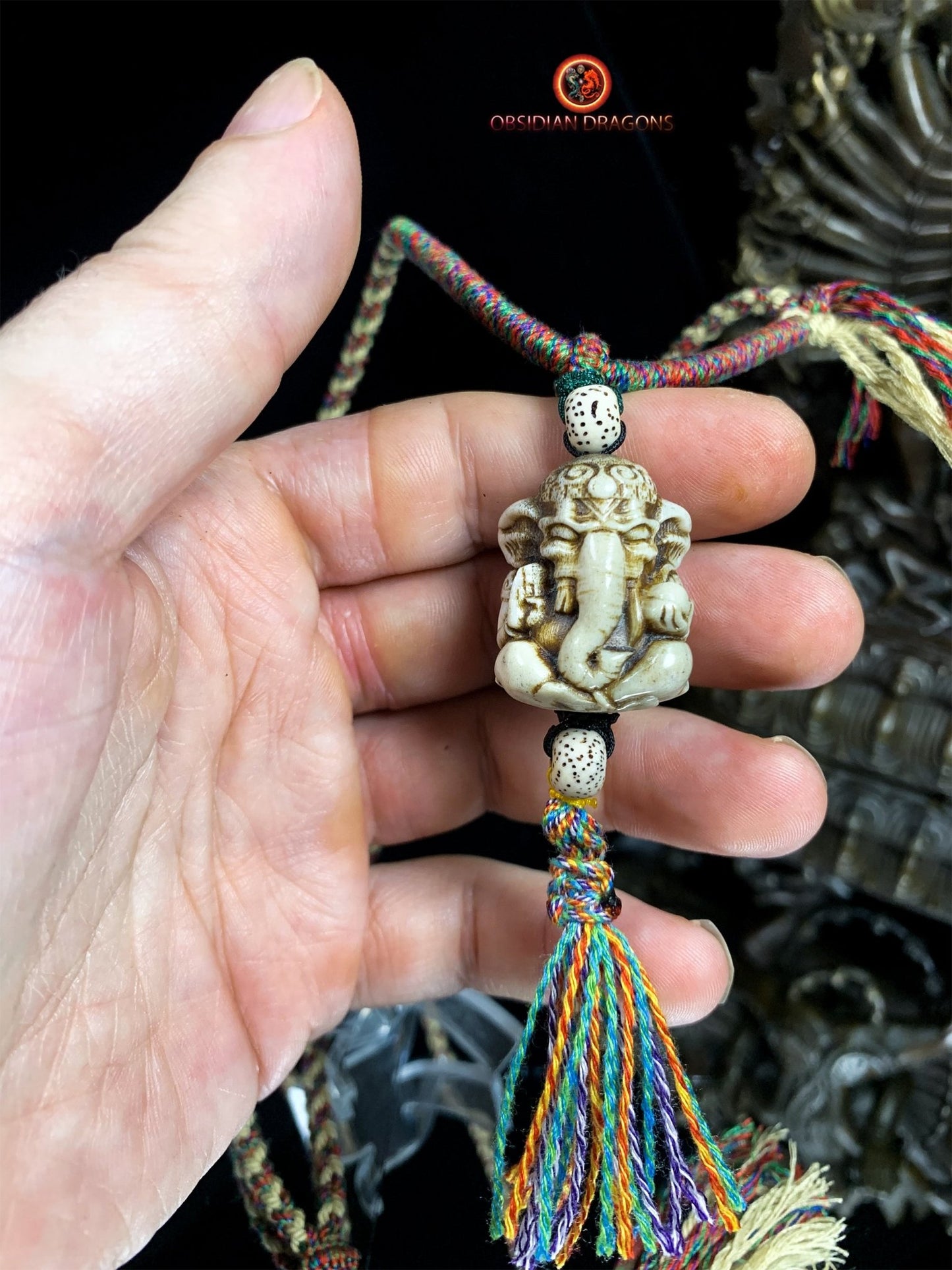 Pendentif Ganesh- Authentique perle ojime en bois de cerf | obsidian dragons