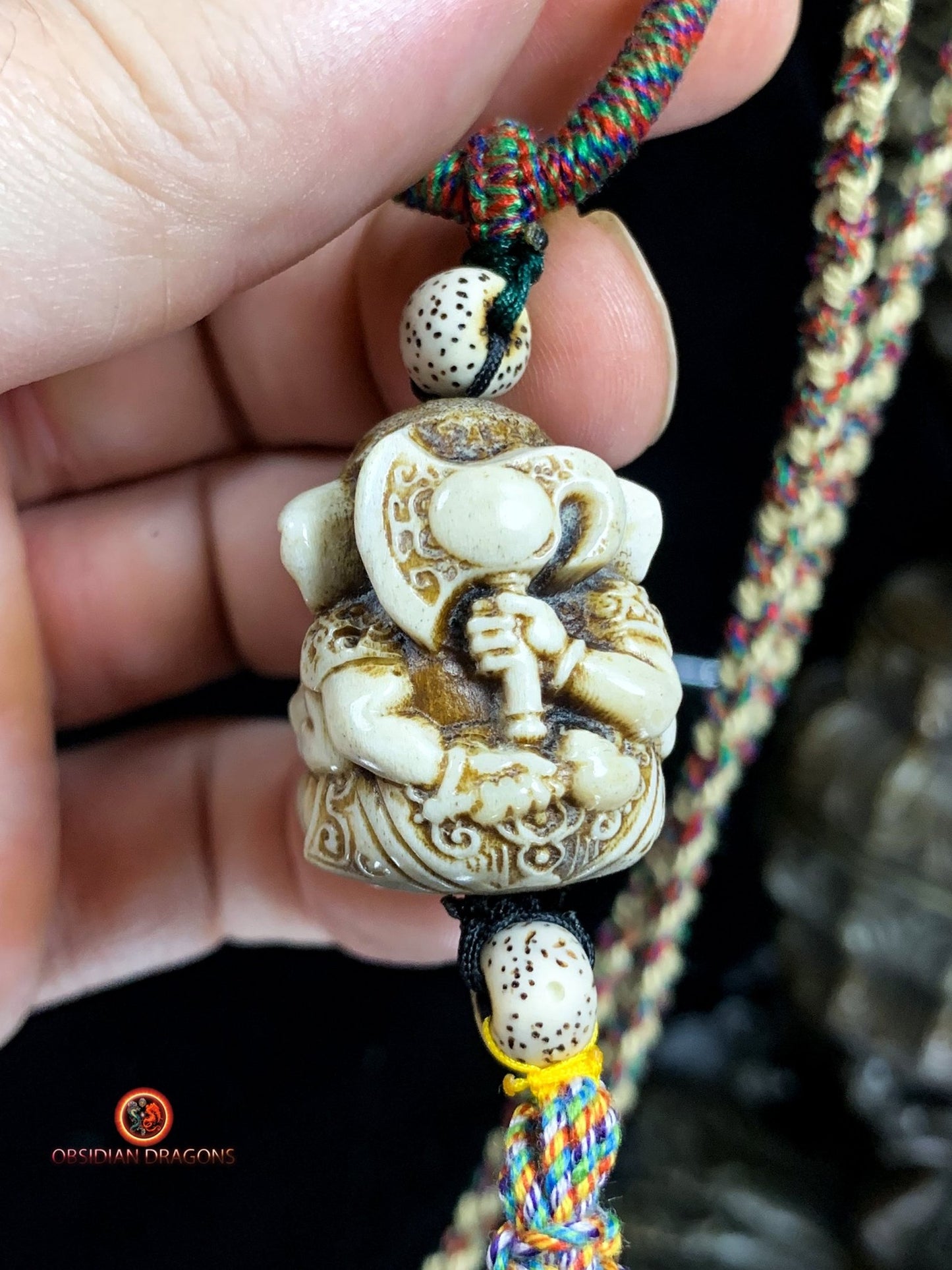 Pendentif Ganesh- Authentique perle ojime en bois de cerf | obsidian dragons