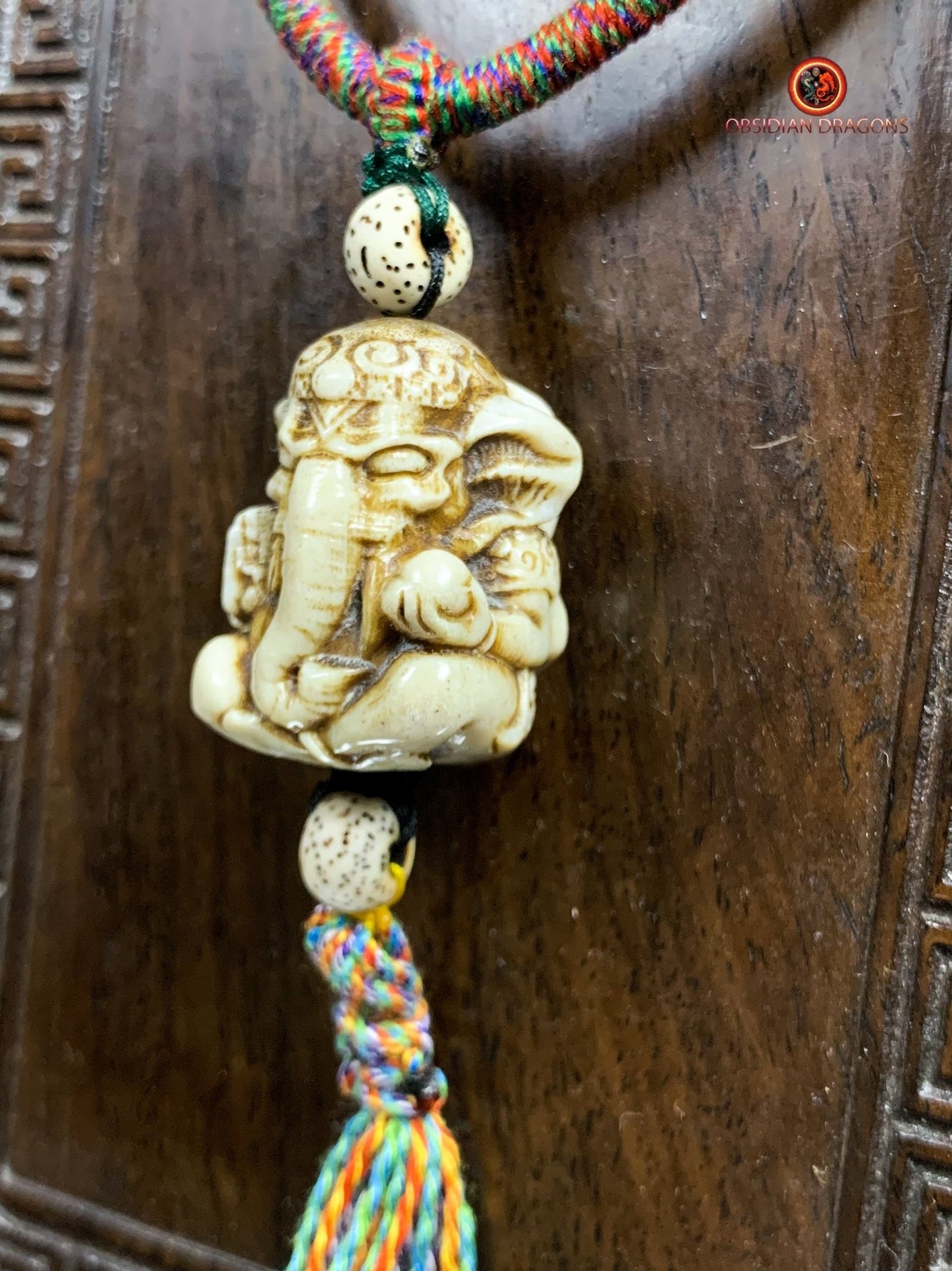 Pendentif Ganesh- Authentique perle ojime en bois de cerf | obsidian dragons