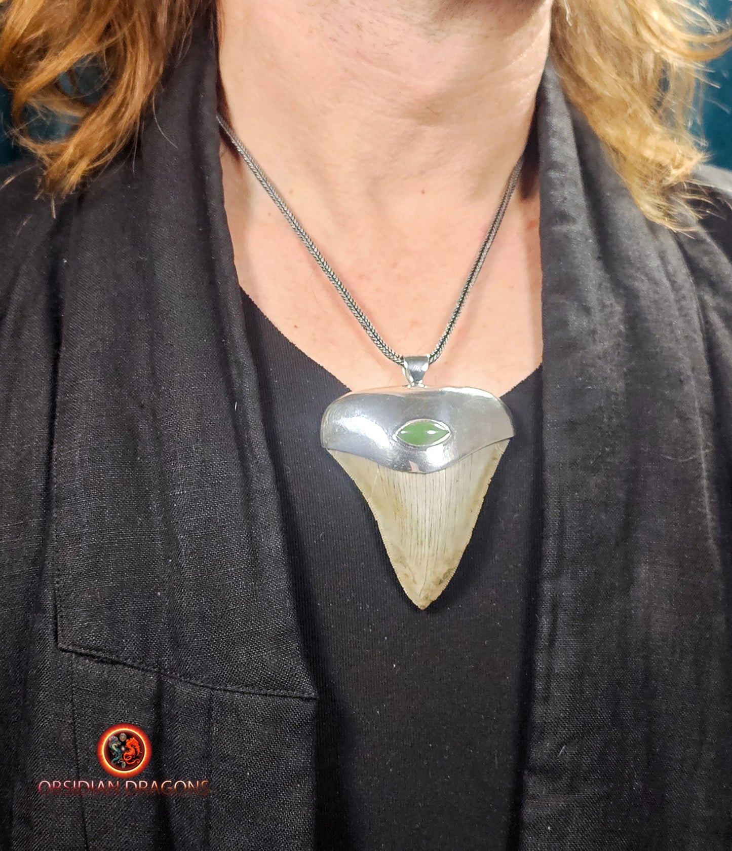 Pendentif Dent de Mégalodon - Jade Polaire - Argent 925