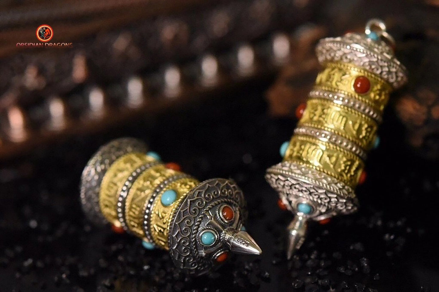 Pendentif moulin à prière tibétain portable | obsidian dragons