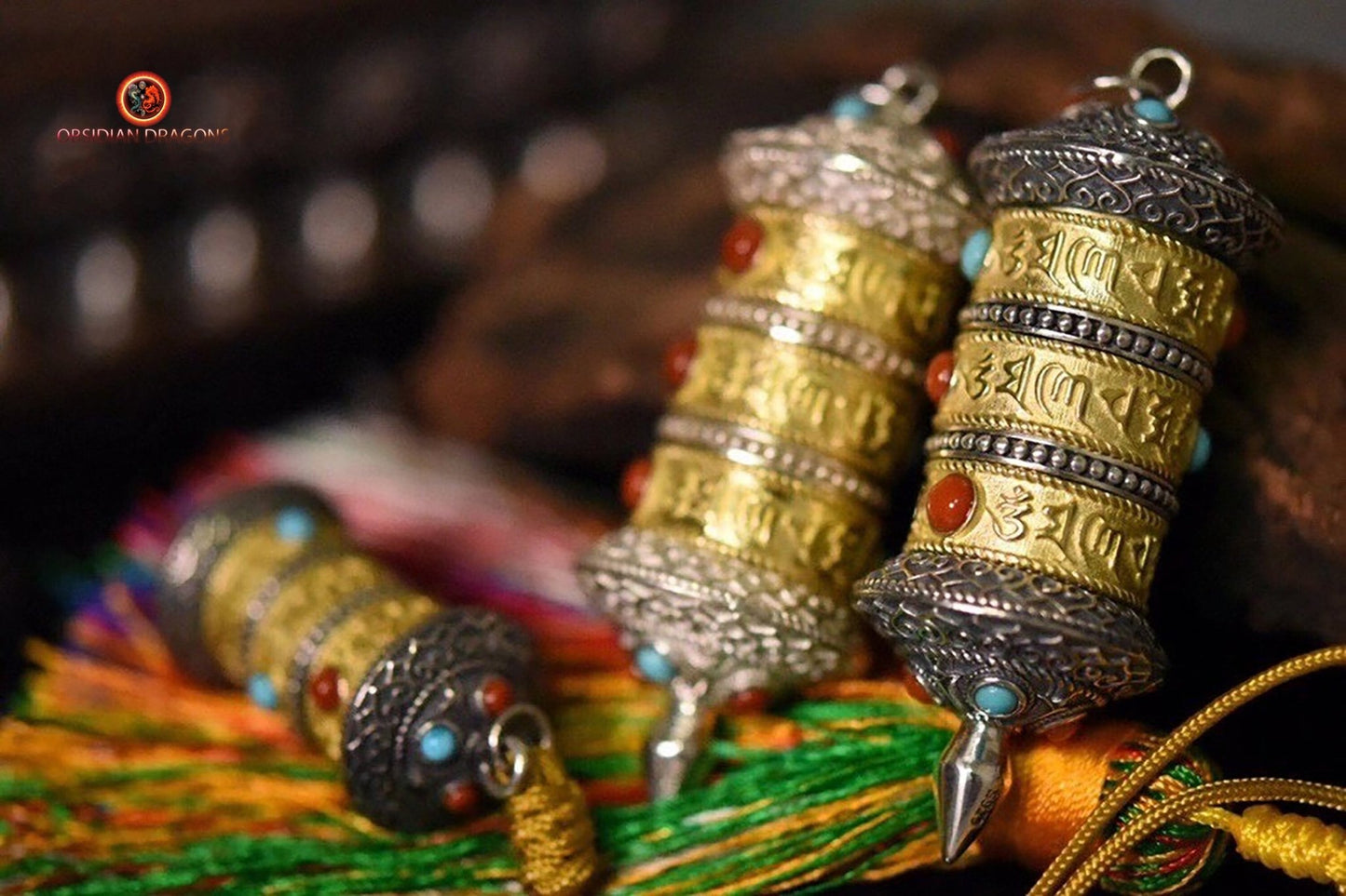 Pendentif moulin à prière tibétain portable | obsidian dragons