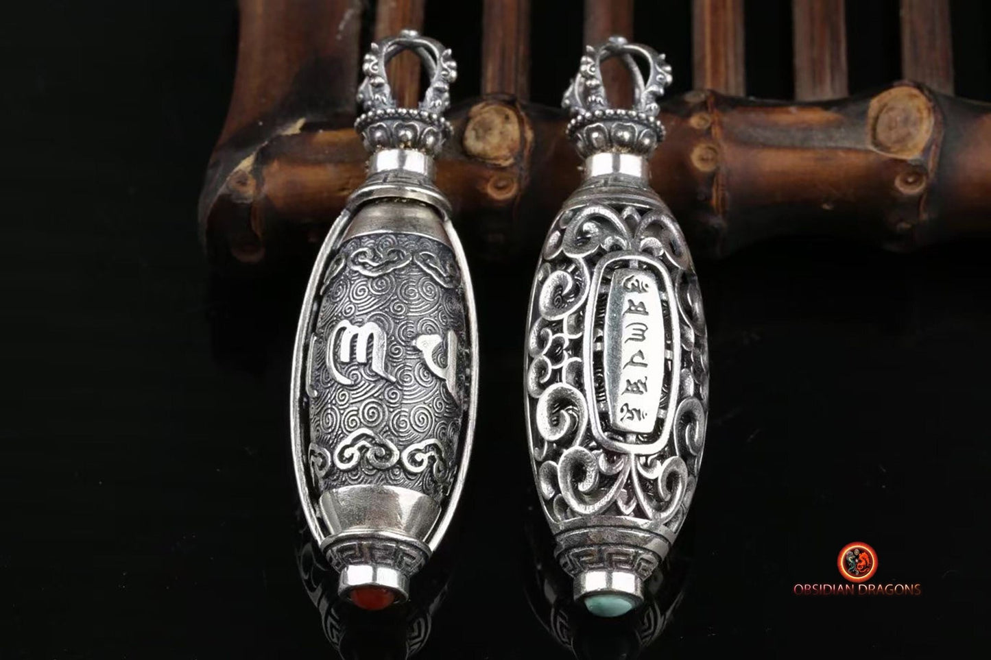 Pendentif moulin à prière tibétain- Argent 925 | obsidian dragons