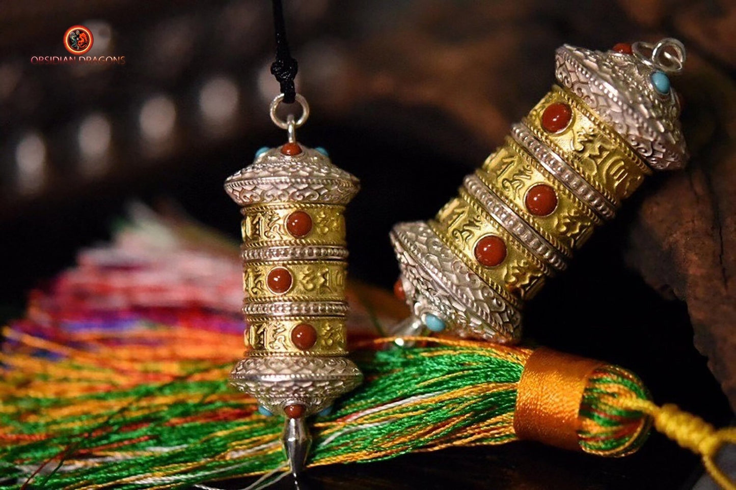 Pendentif moulin à prière tibétain portable | obsidian dragons