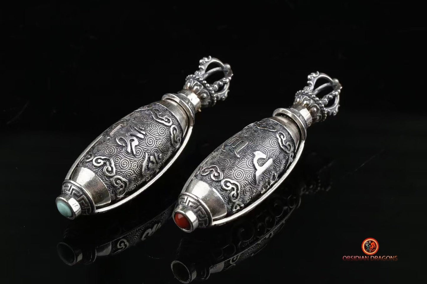Pendentif moulin à prière tibétain- Argent 925 | obsidian dragons
