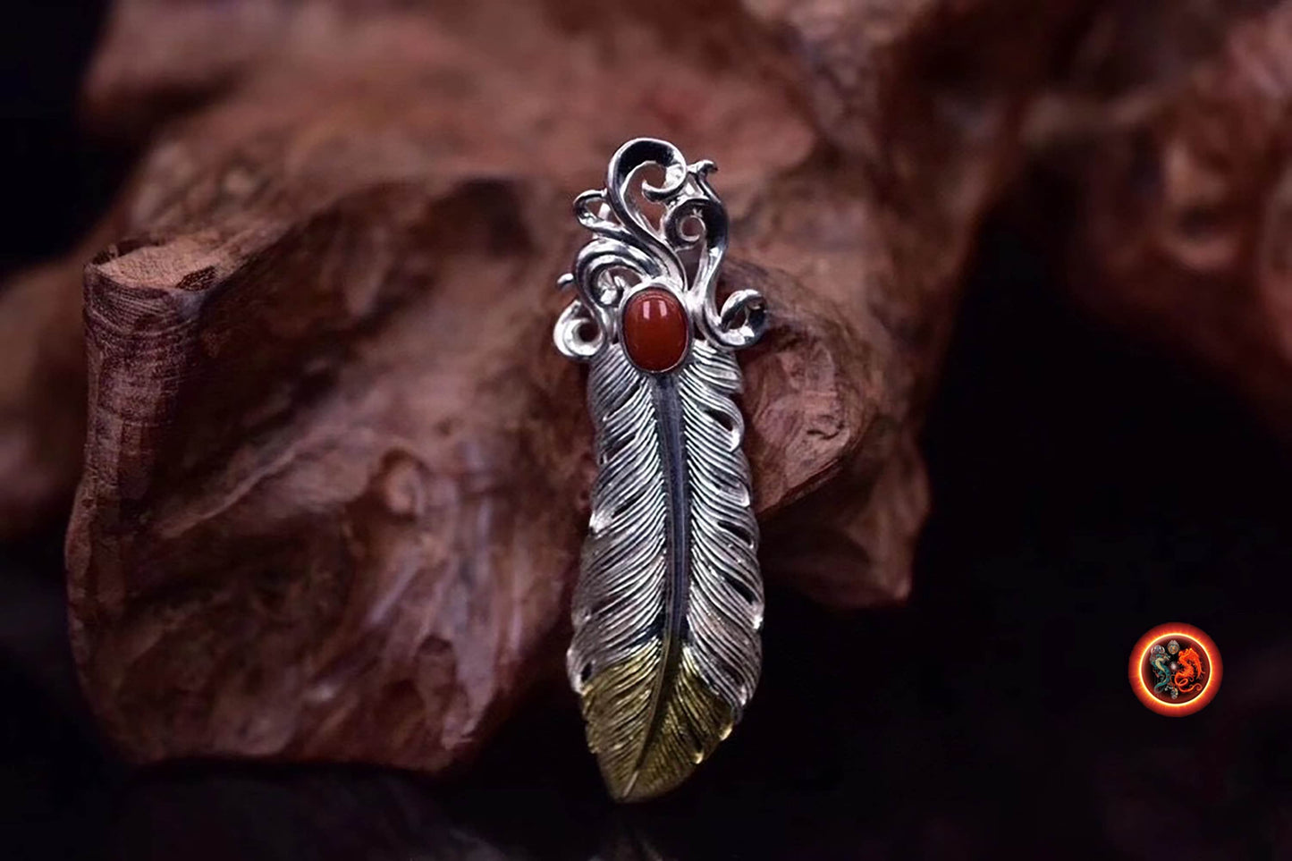 pendentif plume d'aigle, inspiration chaman amérindien, Argent 925 poinçonné cuivre au choix turquoise ou agate nan hong naturelles - obsidian dragon