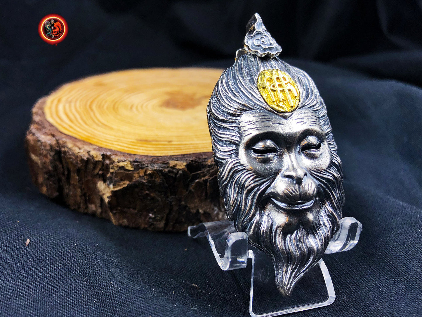 pendentif roi singe "Sun Wu Kong" double face argent 925, bronze, agate du Yunnan dite nan hong (rouge du sud) - obsidian dragon