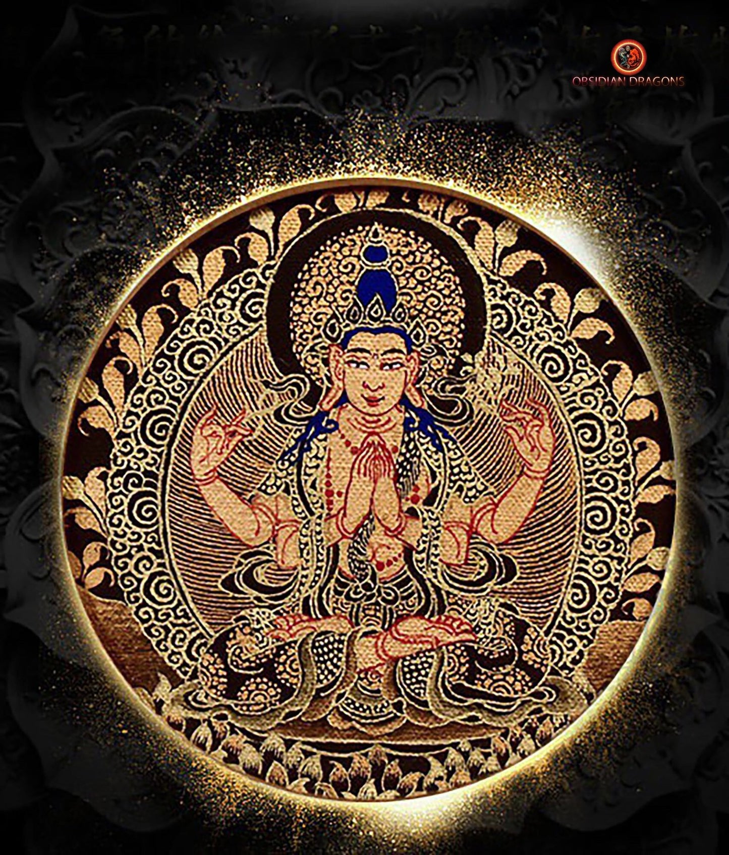 Ghau- Pendentif Tangka exceptionnel- Bouddha Chenrezi | obsidian dragons