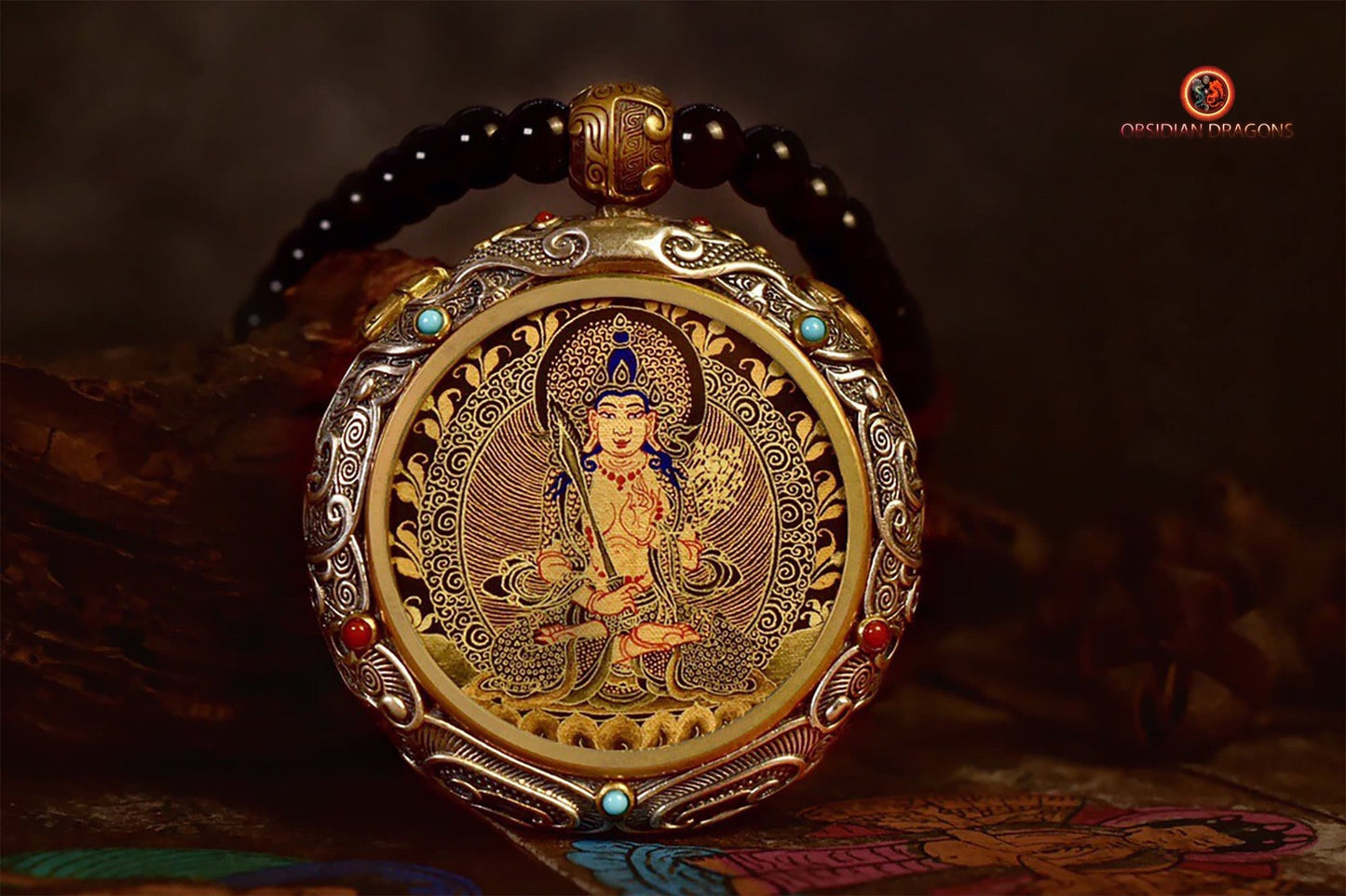 Ghau- Pendentif Tangka exceptionnel- bouddha Akashagarbha | obsidian dragons