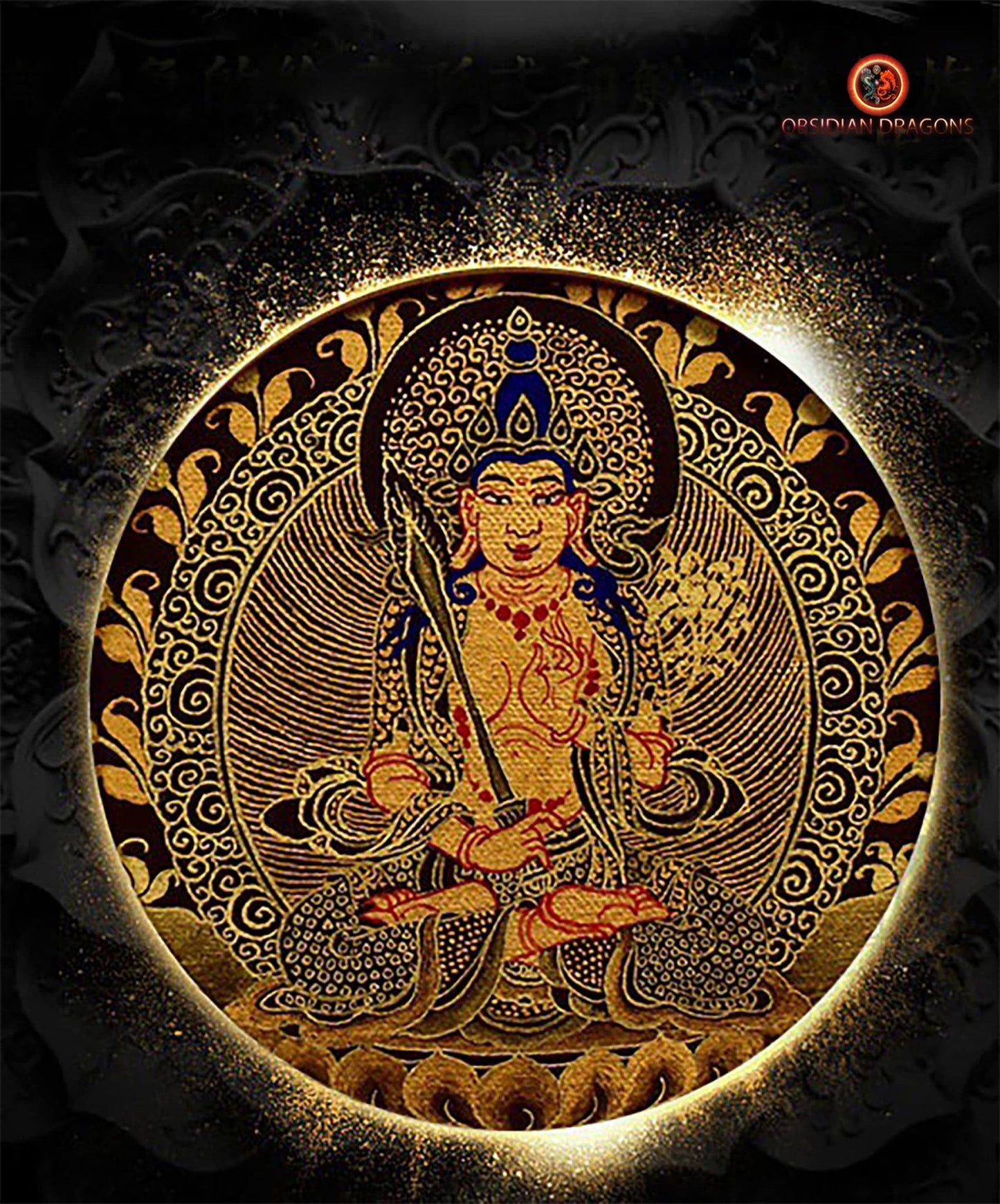 Ghau- Pendentif Tangka exceptionnel- bouddha Akashagarbha | obsidian dragons