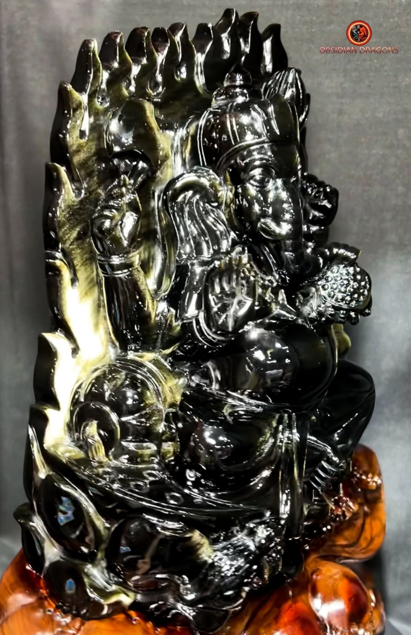 Statuette Ganesh en obsidienne dorée - unique et exceptionnelle | obsidian dragons