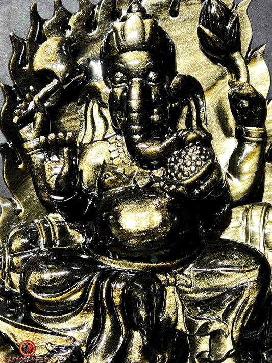 Statuette Ganesh en obsidienne dorée - unique et exceptionnelle | obsidian dragons