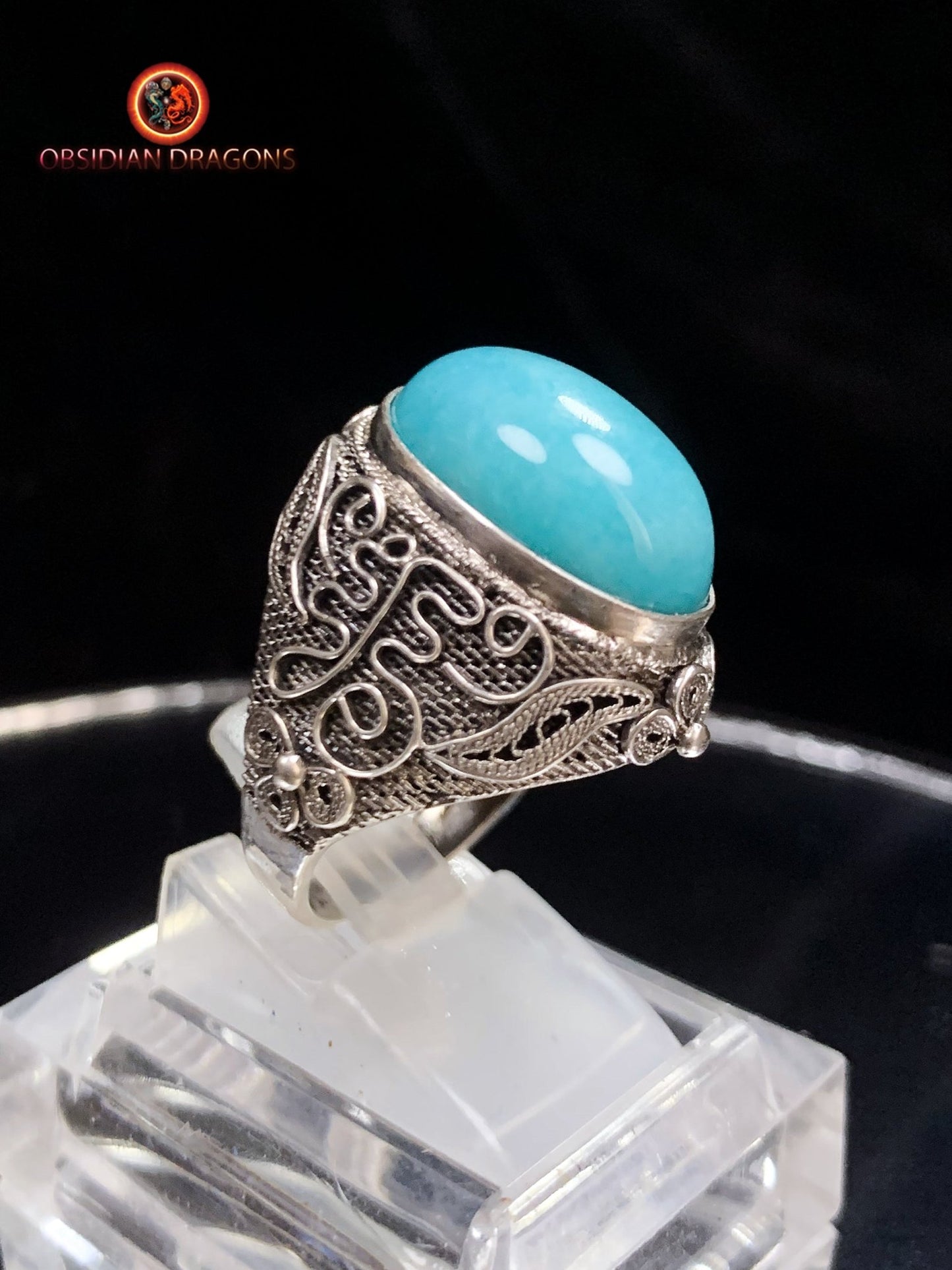 Bague en amazonite serti argent- Style vintage- Qing | obsidian dragons