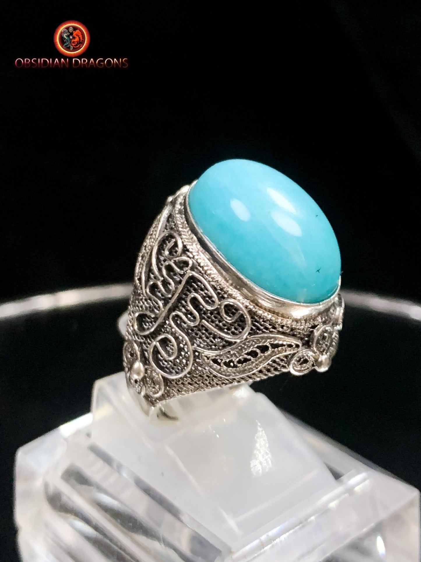 Bague en amazonite serti argent- Cité Interdite | obsidian dragons