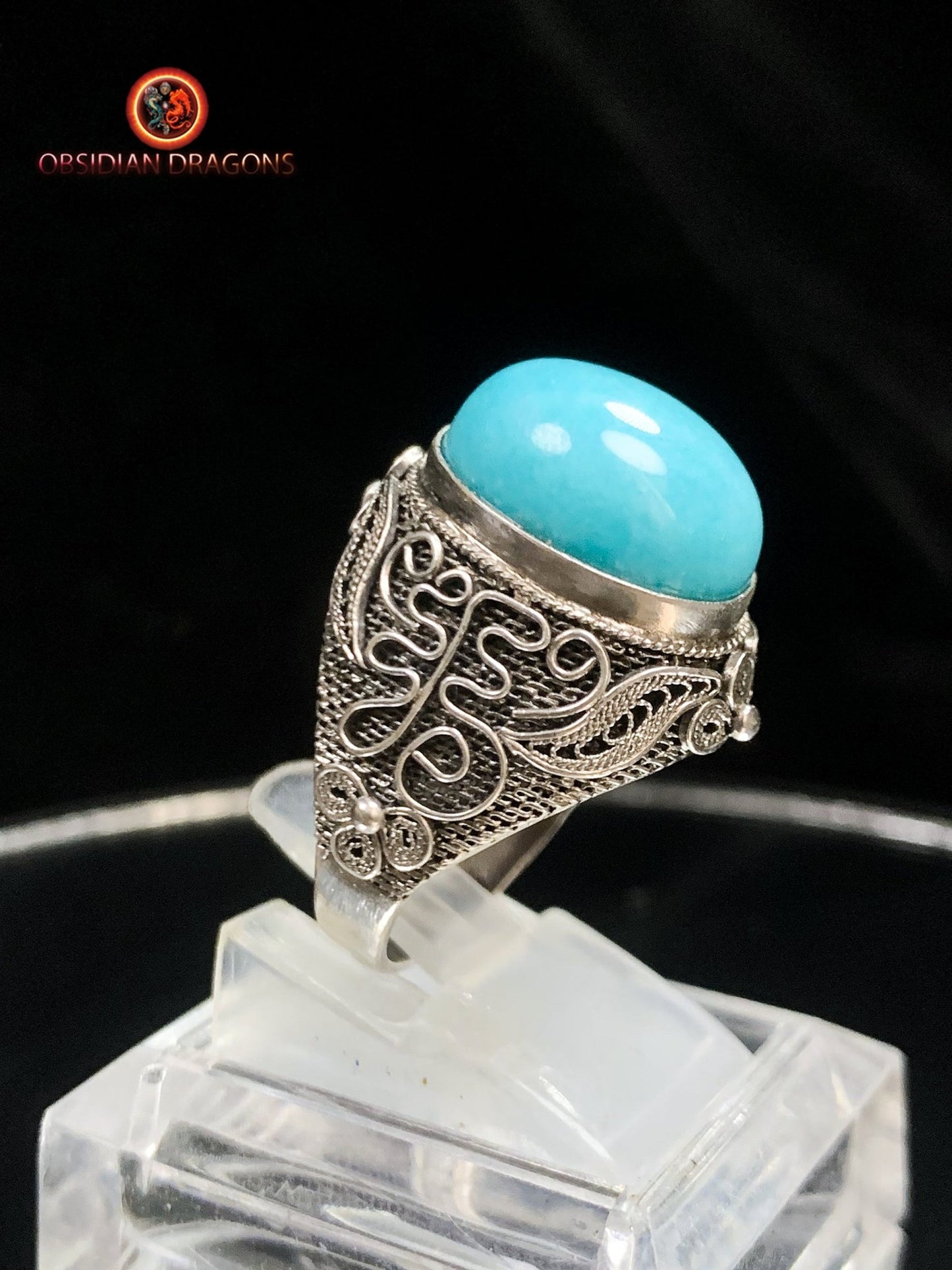 Bague en amazonite serti argent filigrané | obsidian dragons