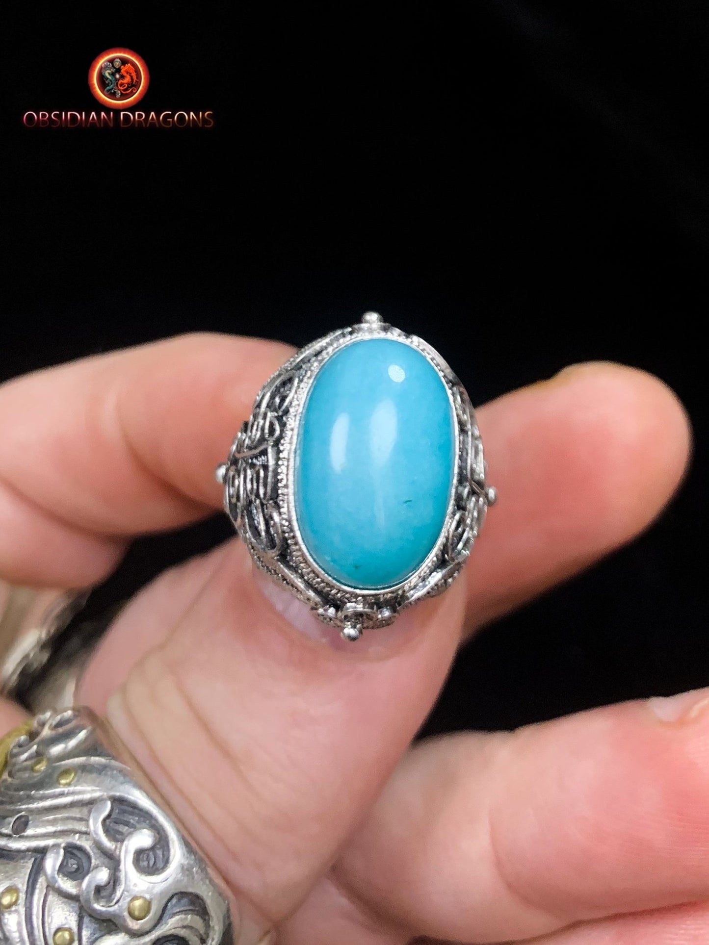 Bague en amazonite serti argent- Cité Interdite | obsidian dragons