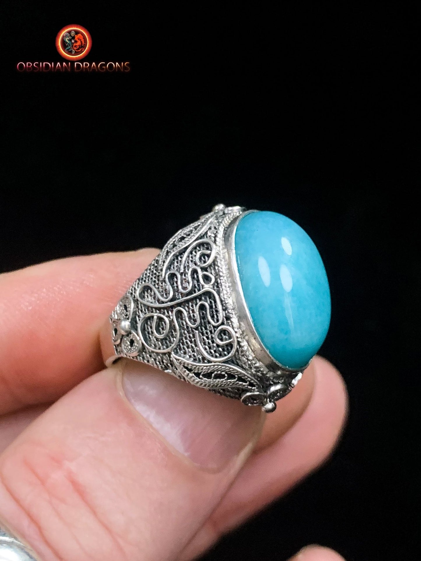 Bague en amazonite serti argent- Style vintage- Qing | obsidian dragons