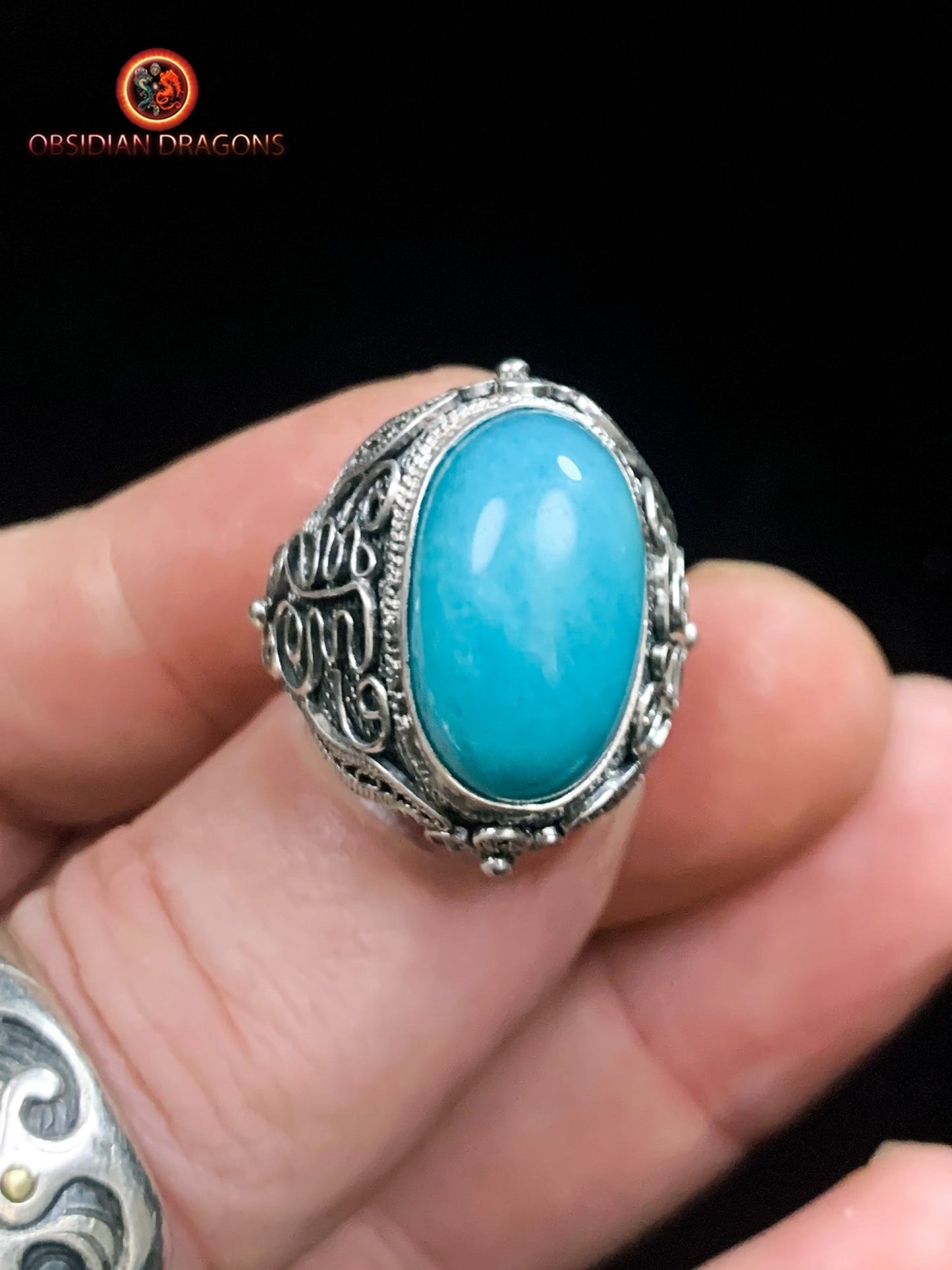 Bague en amazonite serti argent- Style vintage- Qing | obsidian dragons