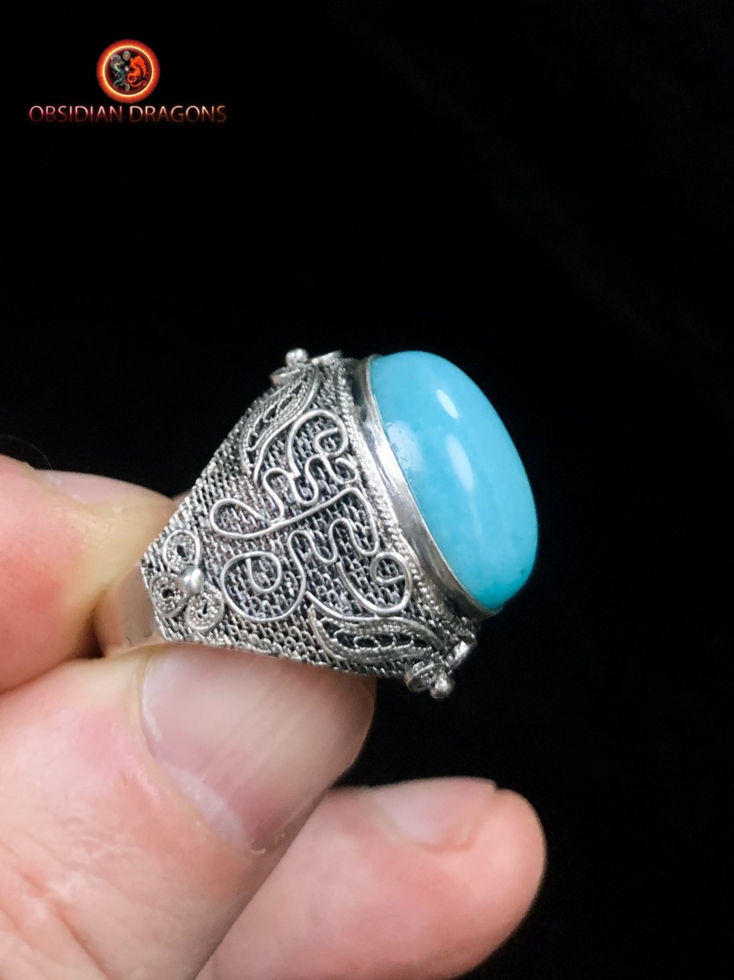 Bague en amazonite serti argent- Cité Interdite | obsidian dragons