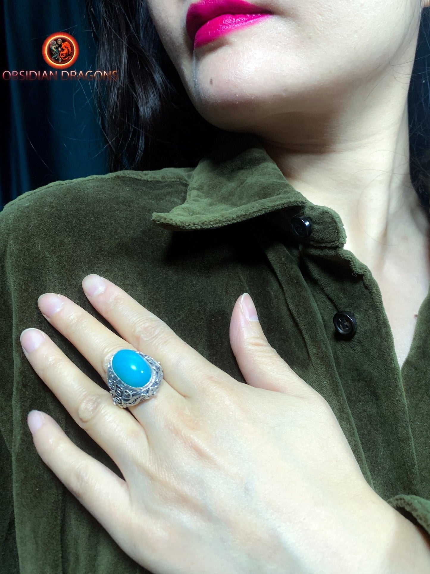 Bague en amazonite serti argent- Style vintage- Qing | obsidian dragons