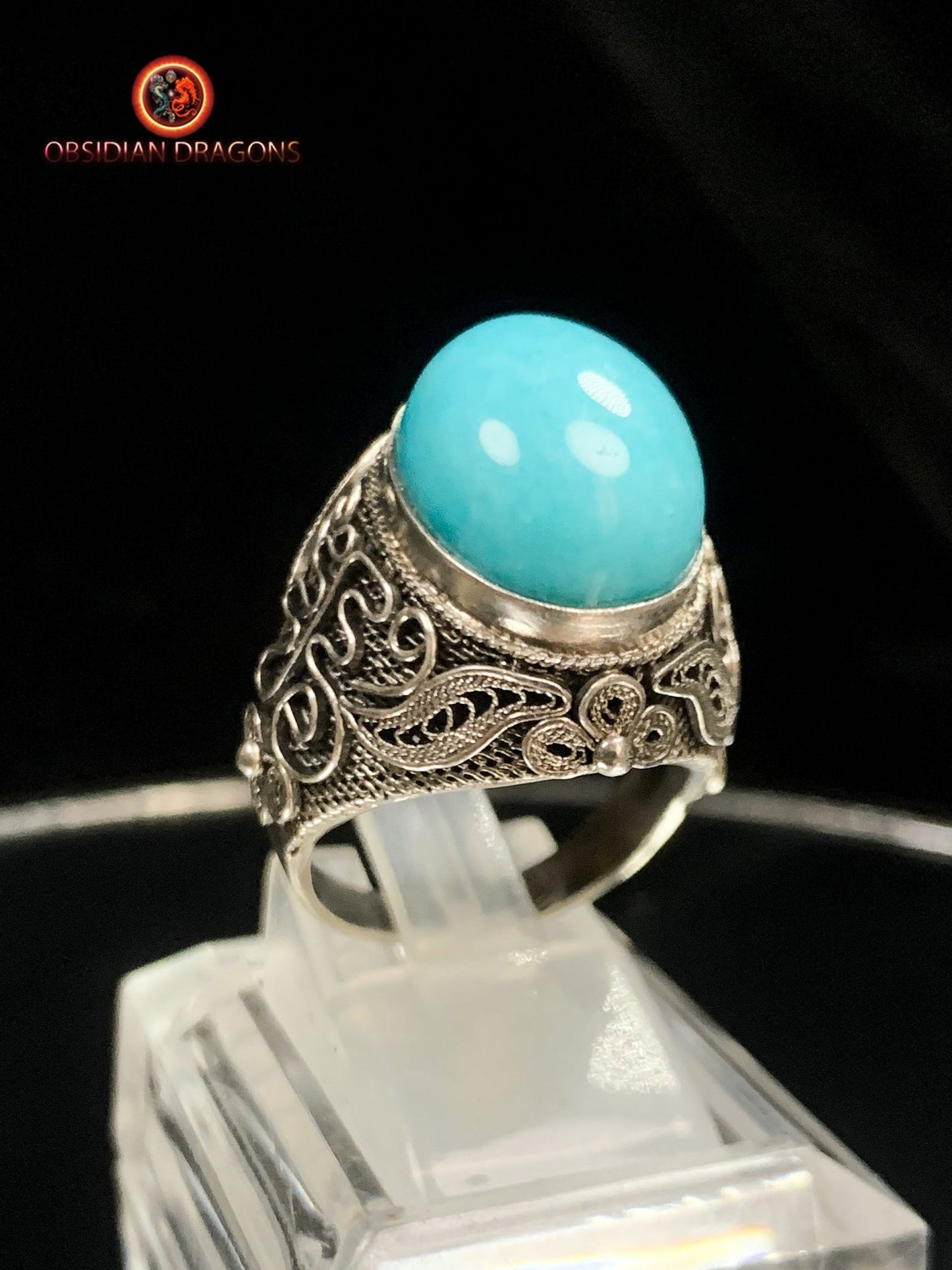 Bague en amazonite serti argent filigrané | obsidian dragons
