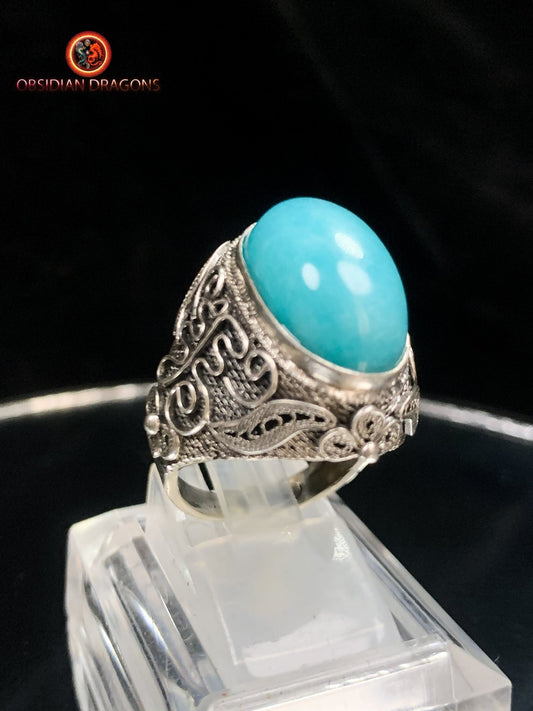 Bague en amazonite serti argent- Style vintage- Qing | obsidian dragons