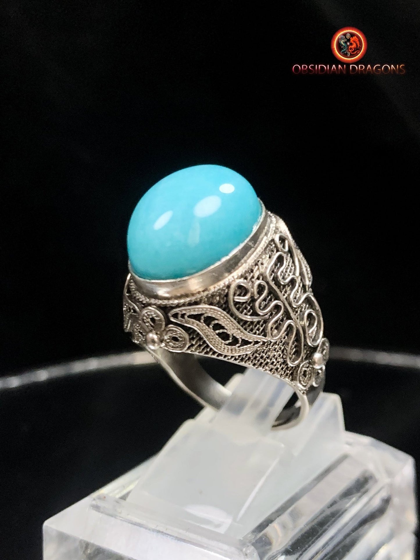 Bague en amazonite serti argent filigrané | obsidian dragons