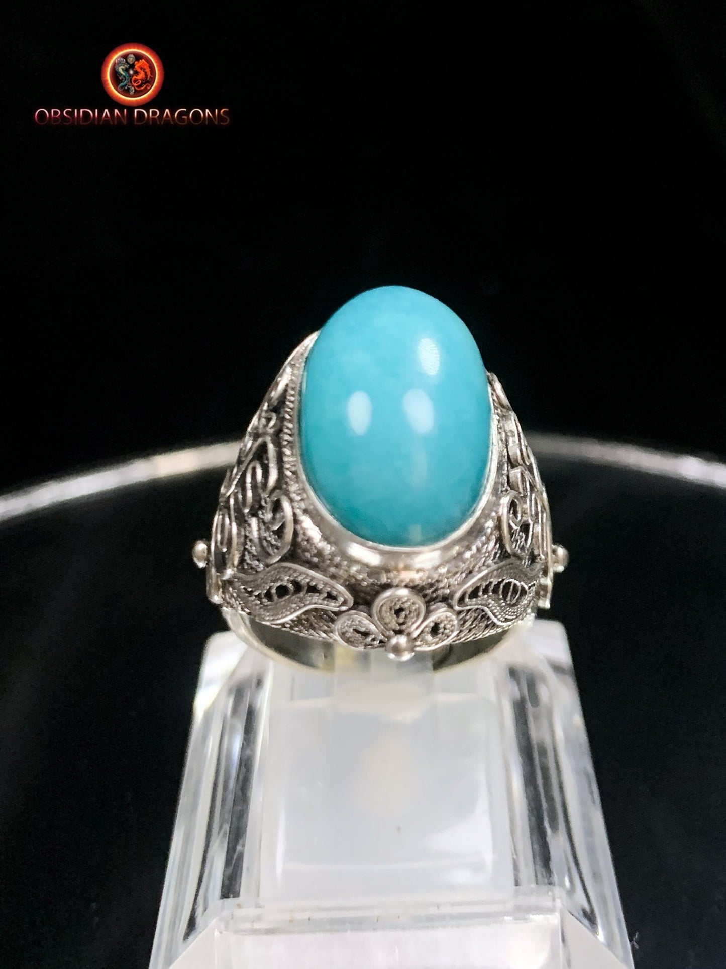 Bague en amazonite serti argent- Style vintage- Qing | obsidian dragons