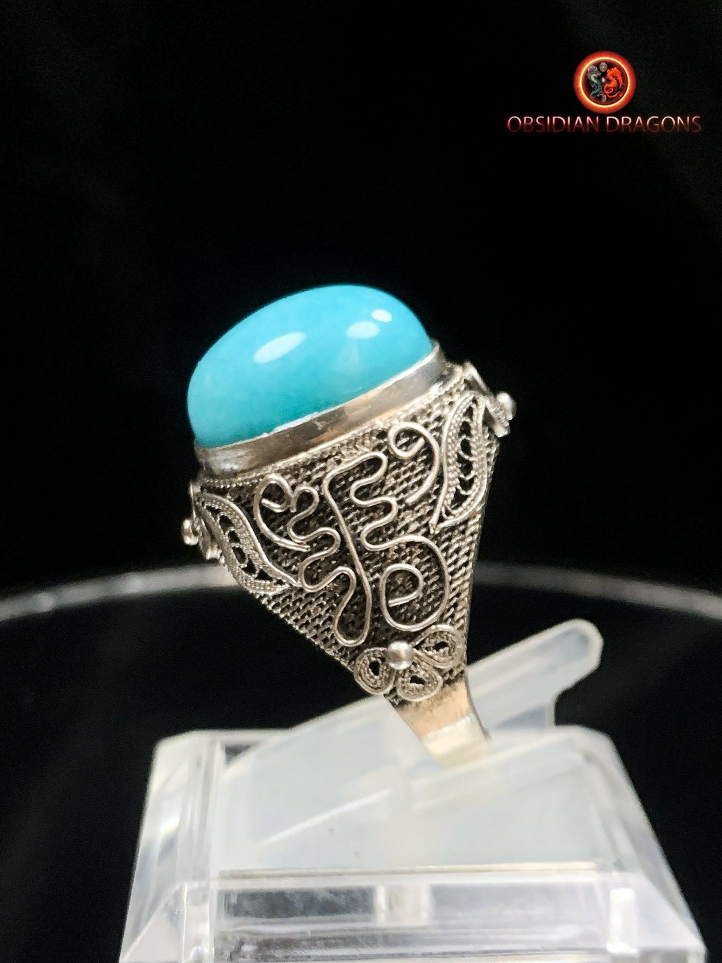 Bague en amazonite serti argent filigrané | obsidian dragons