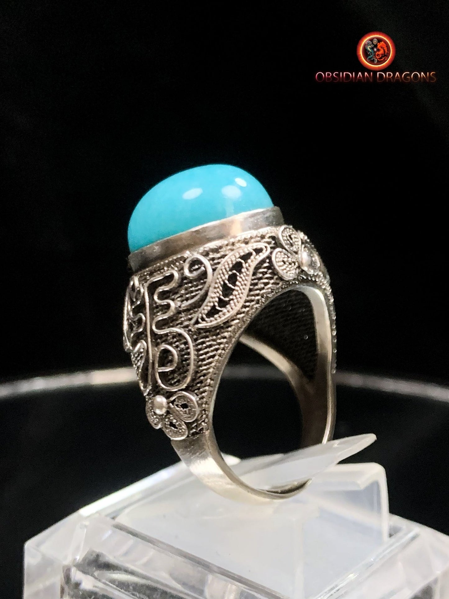 Bague en amazonite serti argent filigrané | obsidian dragons