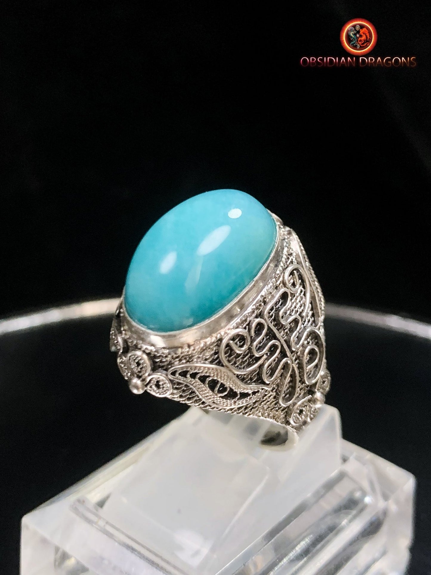 Bague en amazonite serti argent- Style vintage- Qing | obsidian dragons