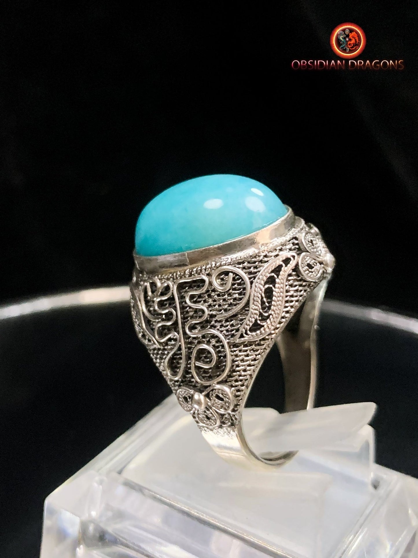 Bague en amazonite serti argent- Style vintage- Qing | obsidian dragons