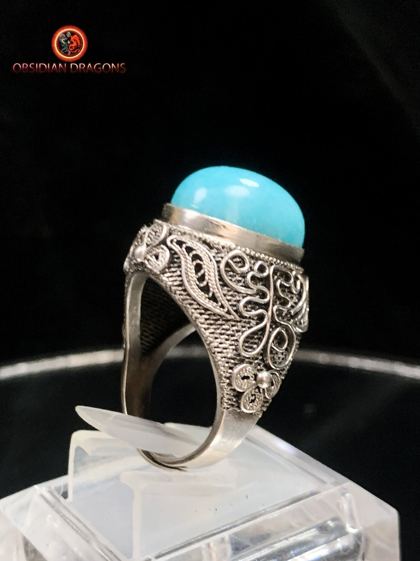Bague en amazonite serti argent filigrané | obsidian dragons