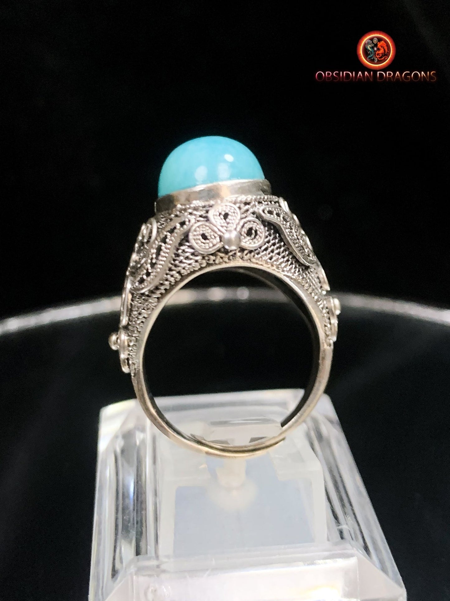 Bague en amazonite serti argent- Style vintage- Qing | obsidian dragons