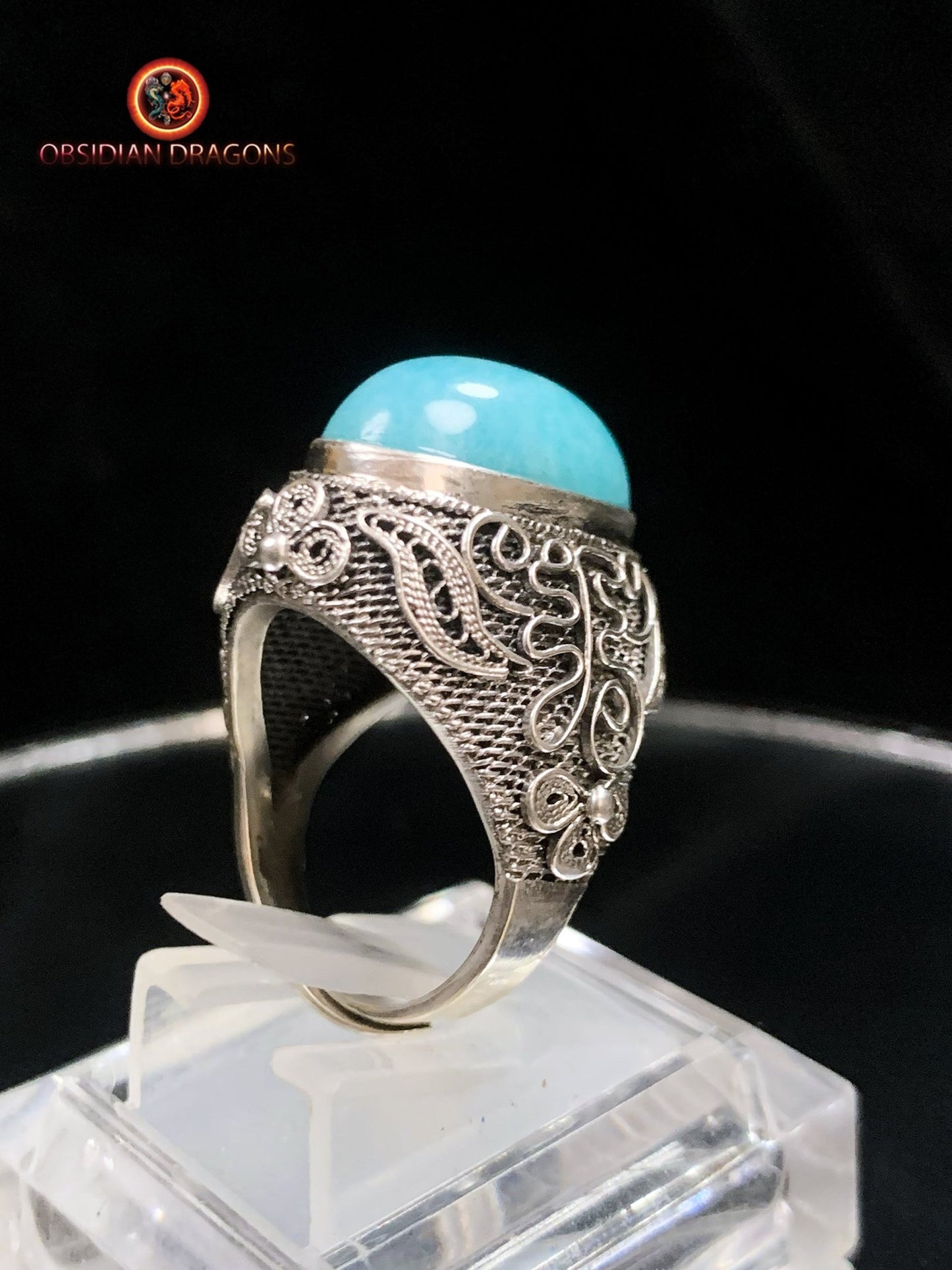 Bague en amazonite serti argent- Style vintage- Qing | obsidian dragons
