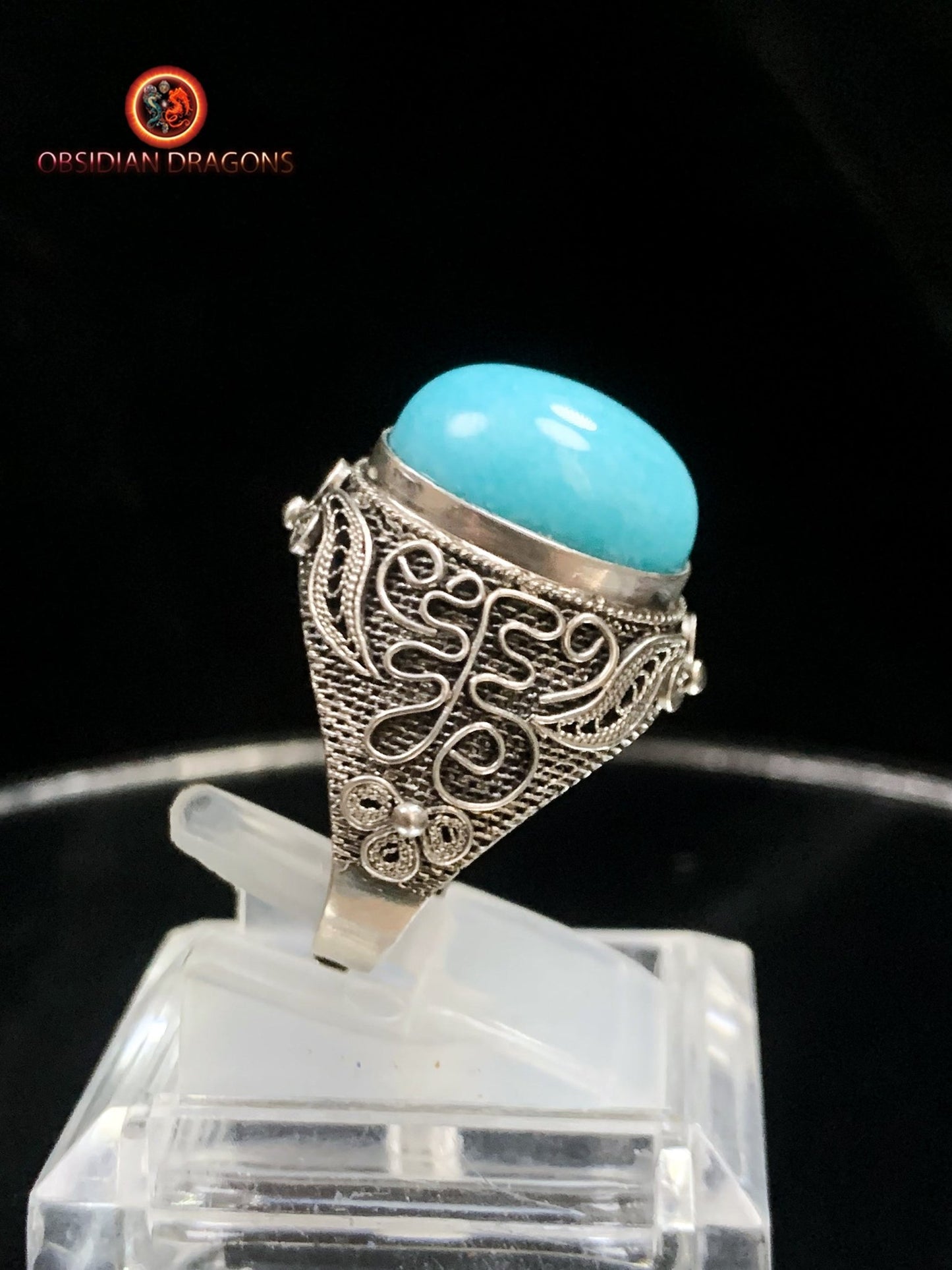 Bague en amazonite serti argent filigrané | obsidian dragons