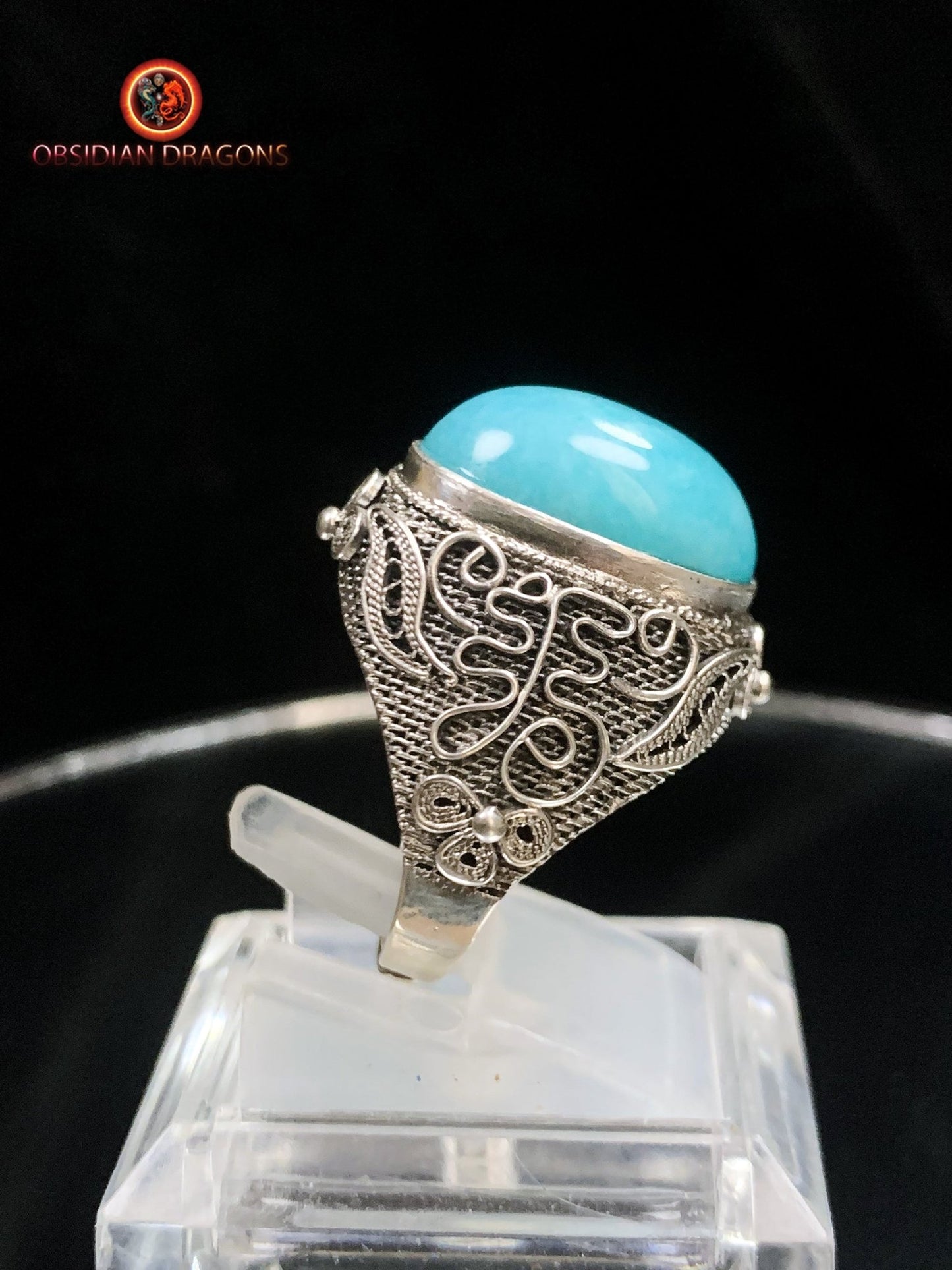 Bague en amazonite serti argent- Style vintage- Qing | obsidian dragons