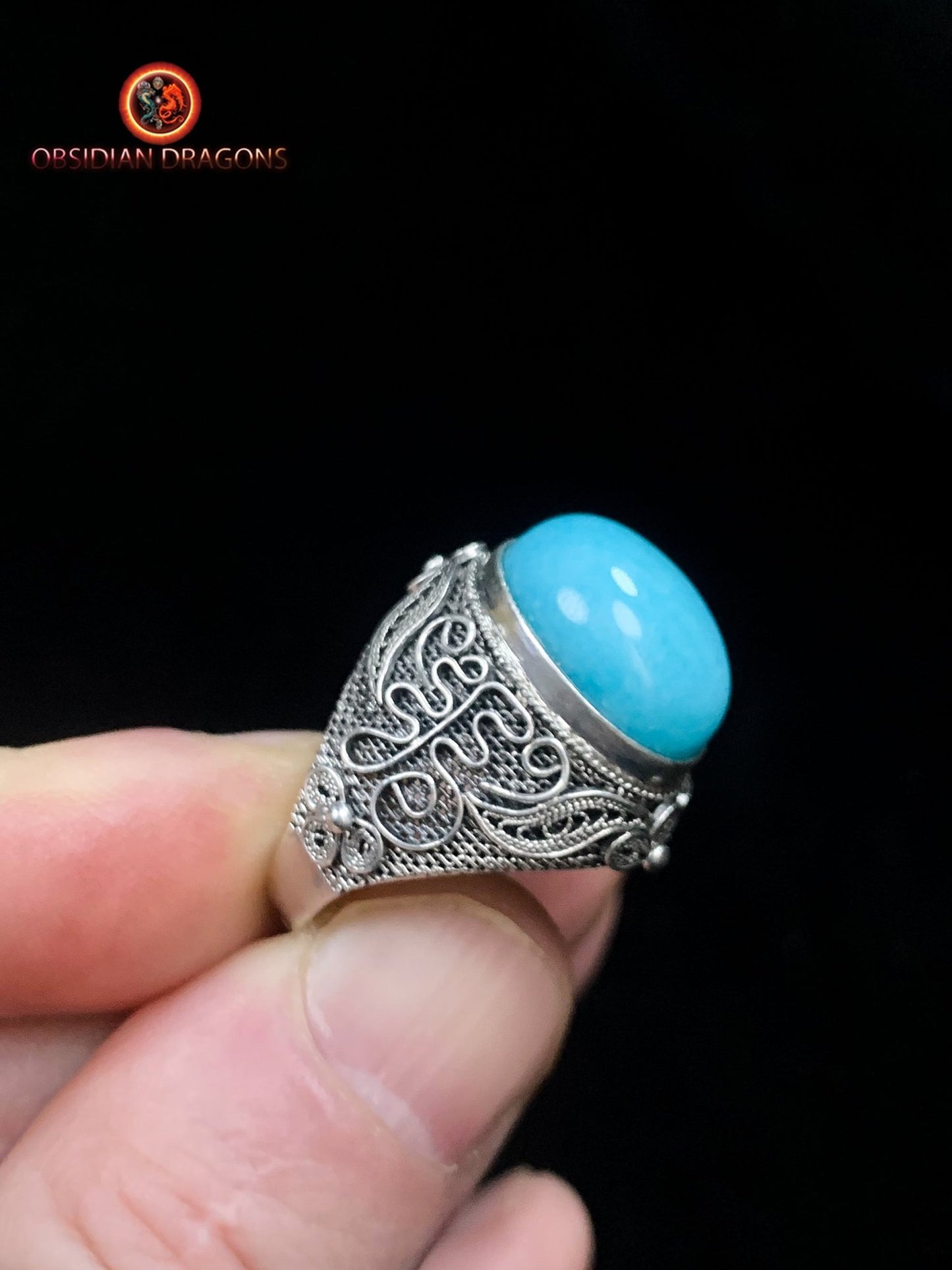Bague en amazonite serti argent filigrané | obsidian dragons