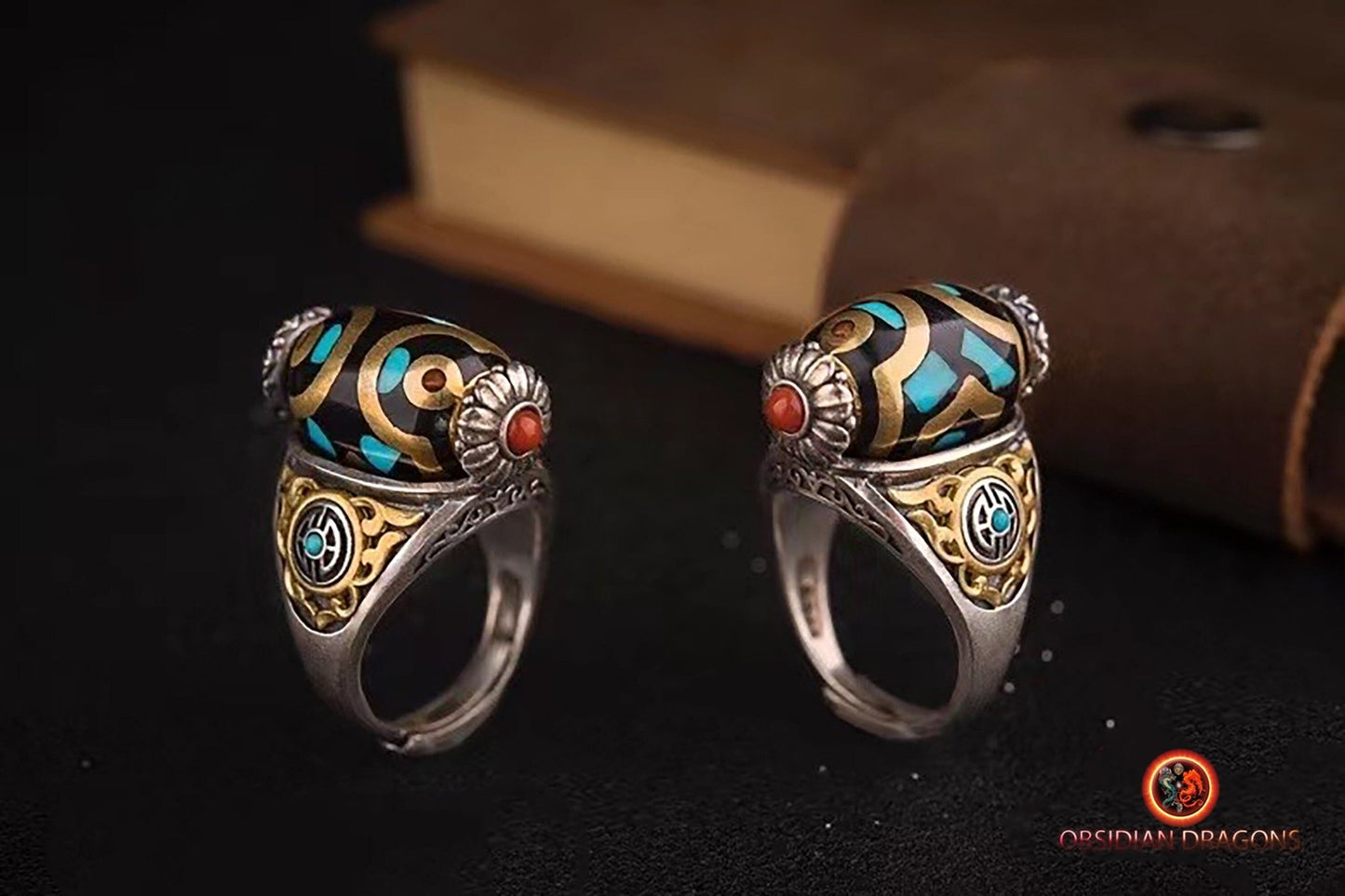 Bague DZI à trois yeux- protection tibétaine