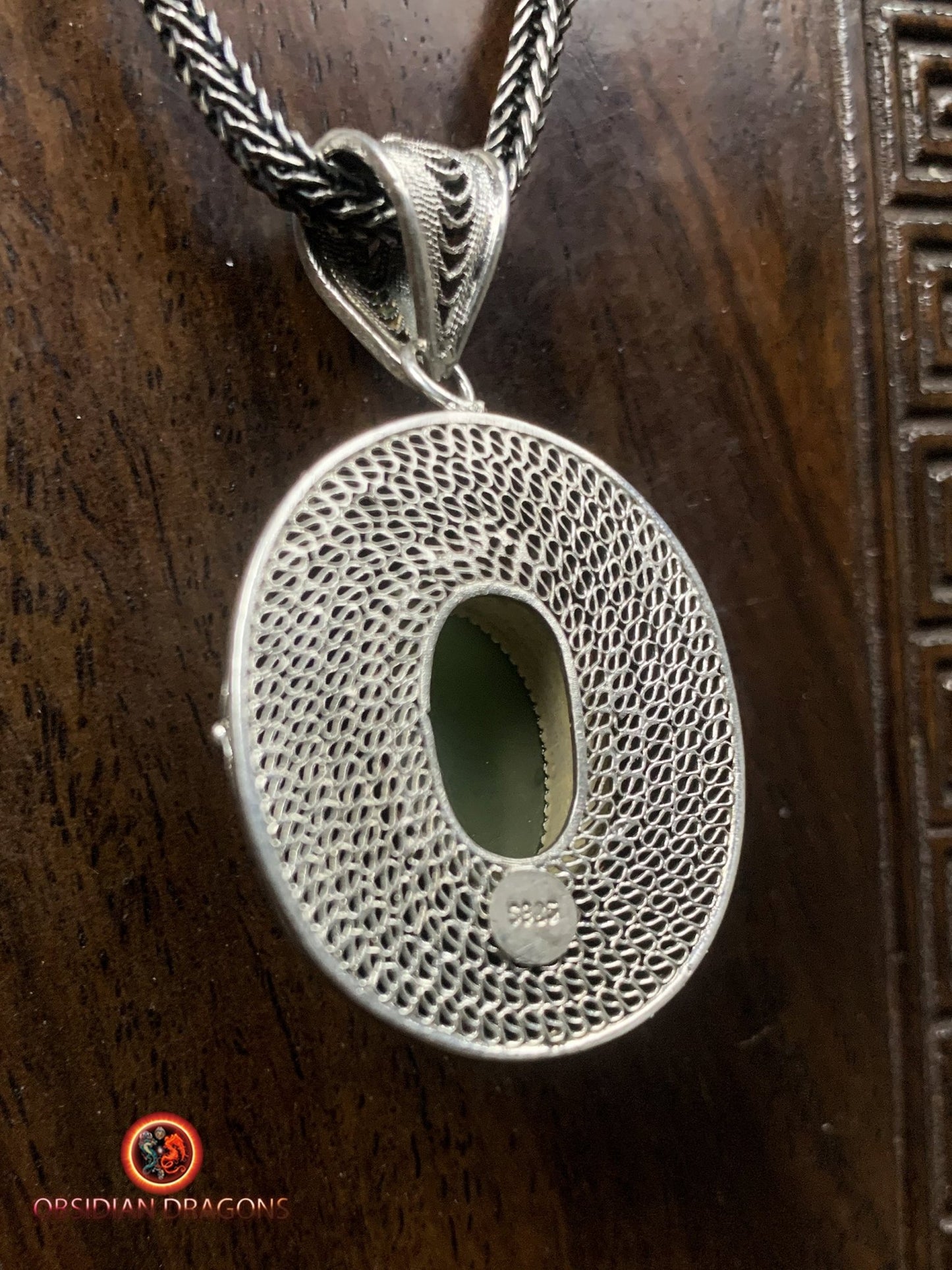 Pendentif en Jade effet oeil de chat et argent- Traditionnel | obsidian dragons