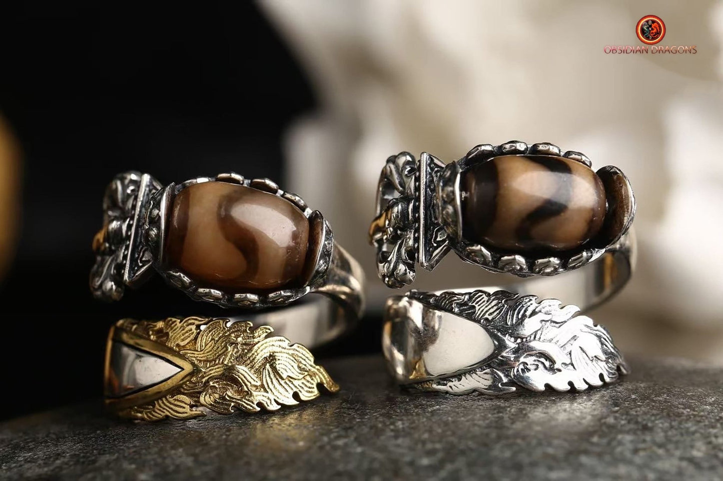 Bague bouddhiste tibétaine- DZI du tigre- épée de manjushri