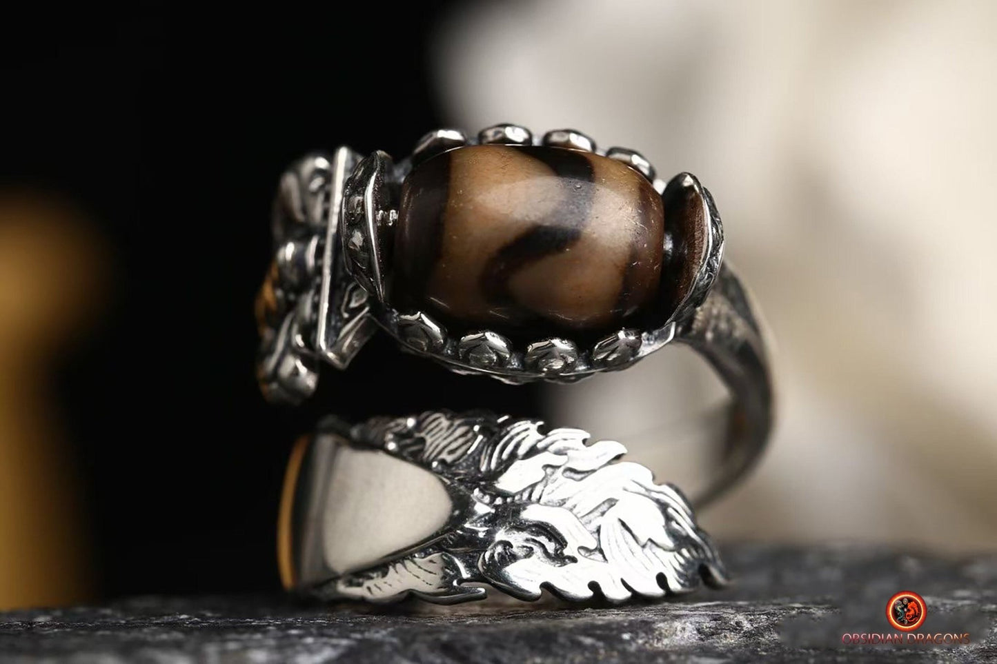Bague bouddhiste tibétaine- DZI du tigre- épée de manjushri