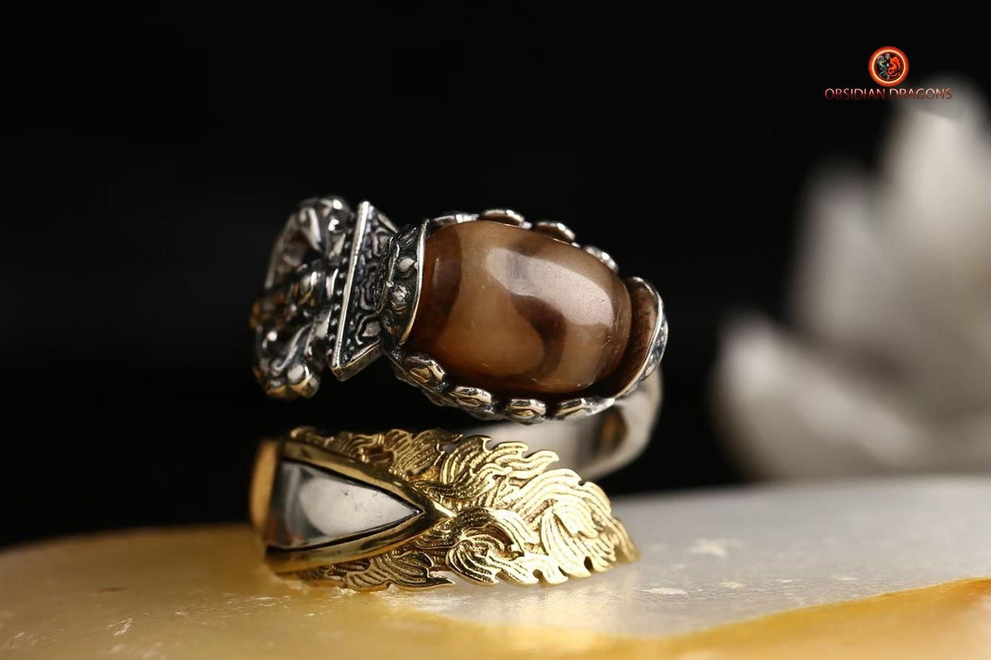 Bague bouddhiste tibétaine- DZI du tigre- épée de manjushri