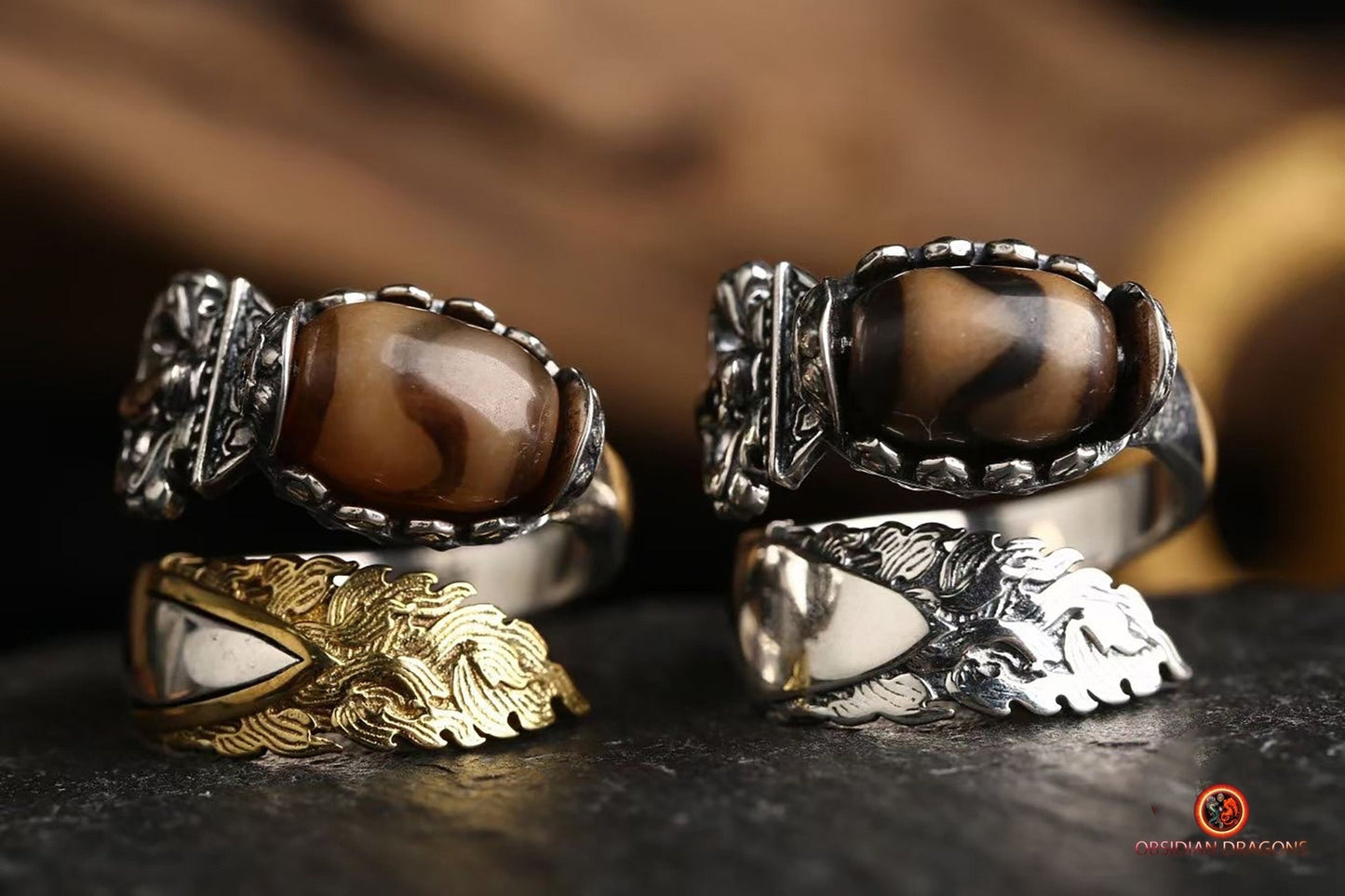Bague bouddhiste tibétaine- DZI du tigre- épée de manjushri