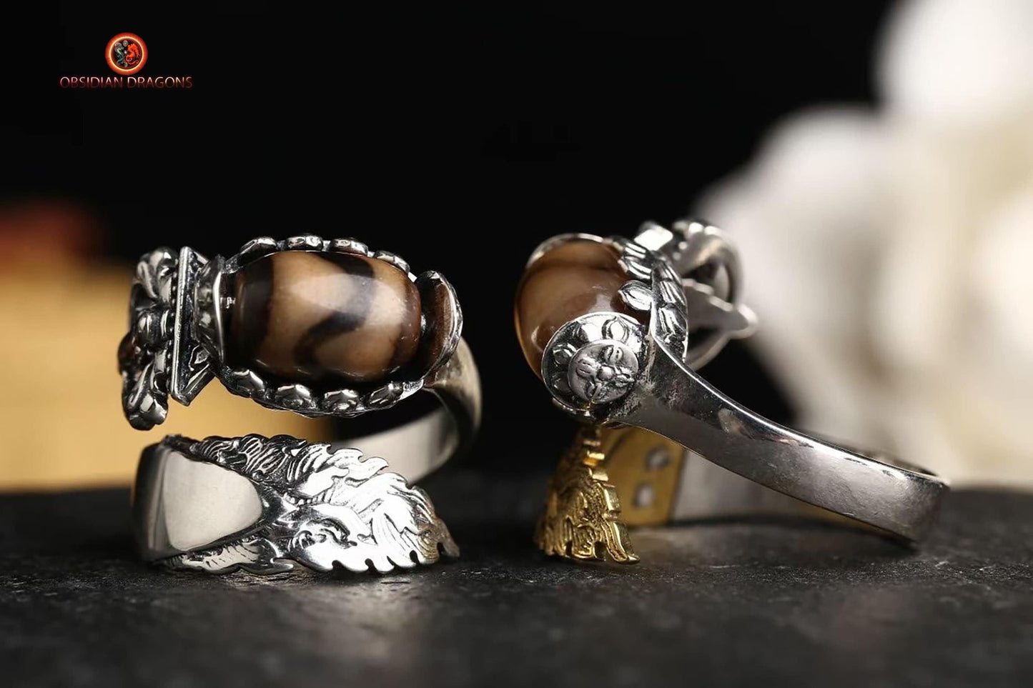 Bague bouddhiste tibétaine- DZI du tigre- épée de manjushri